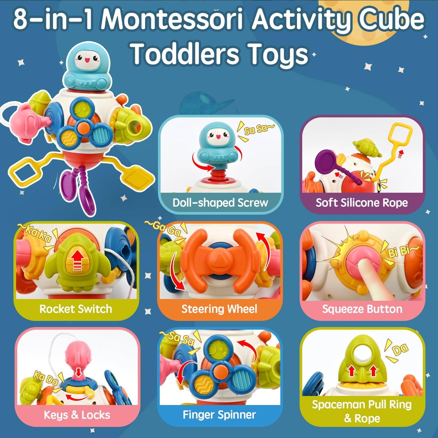 Detalle de AiTuiTui 8-in-1 Montessori Busy Cube Toy for Toddlers (18 Months+): Travel-Friendly Sensory Activity