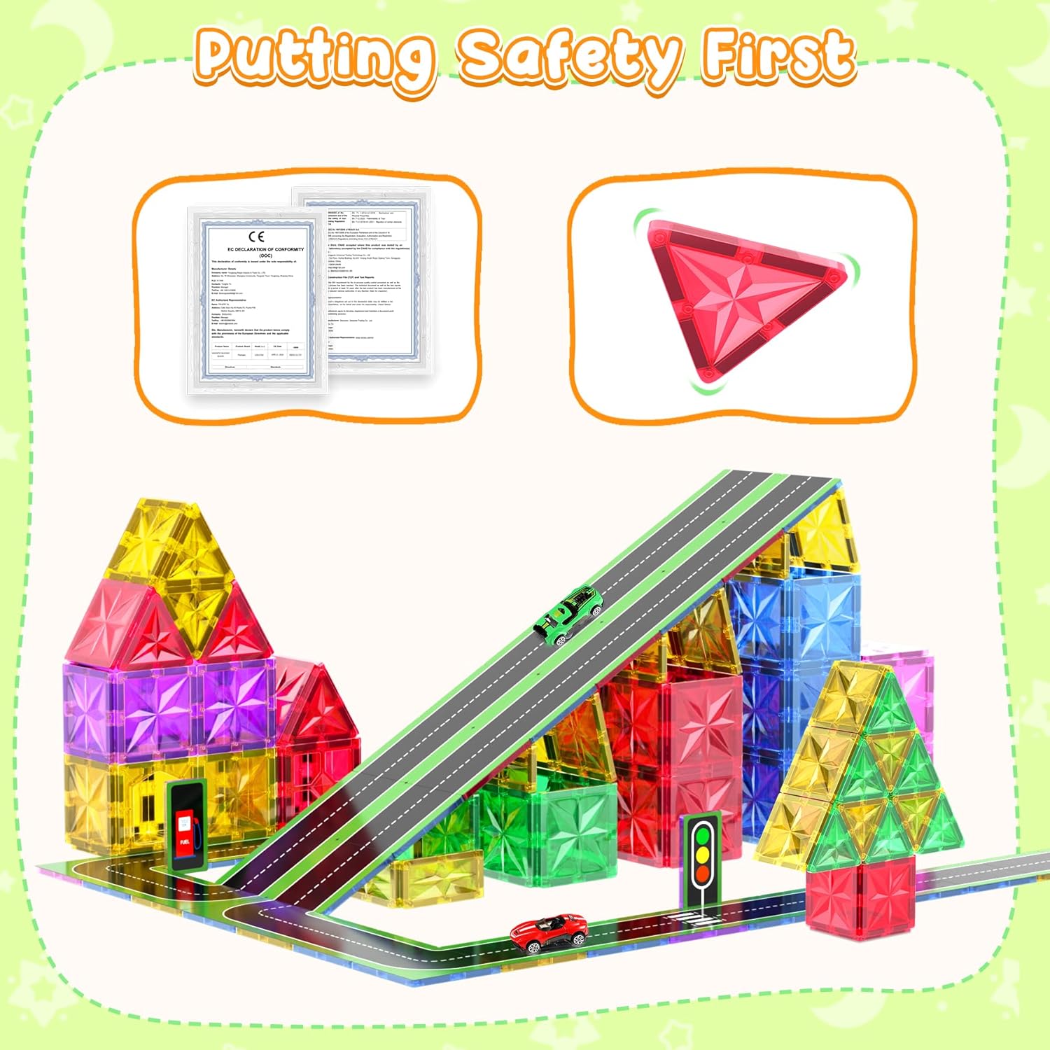 Thumbnail 4 de Perbabe 72 pezzi Costruzioni Magnetiche – Set educativo di strade e auto per bambini 3–8 anni