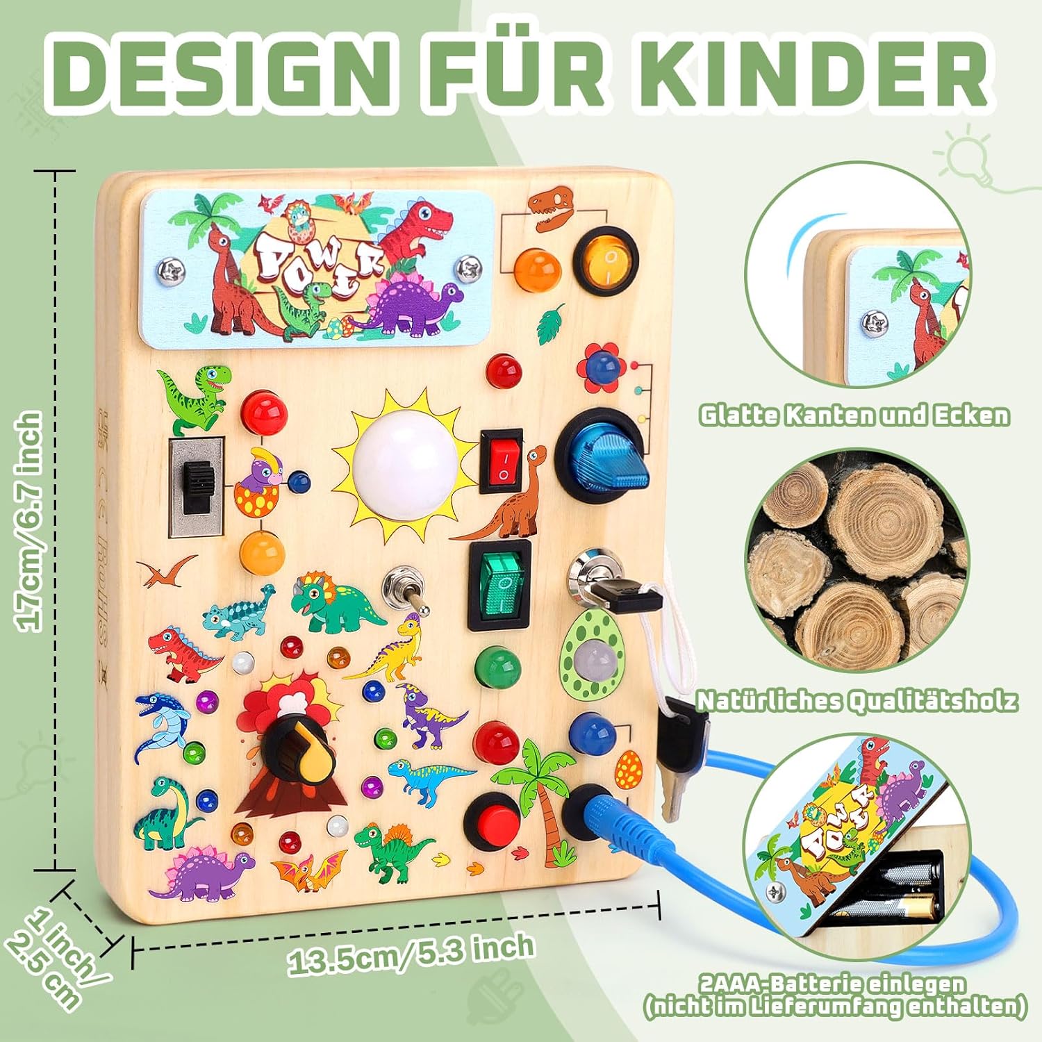 Thumbnail 3 de Hoarosall Dinosaurier Busy Board Montessori: Activity Board aus Holz mit 10 Schaltern & 23 LED-Lichtern