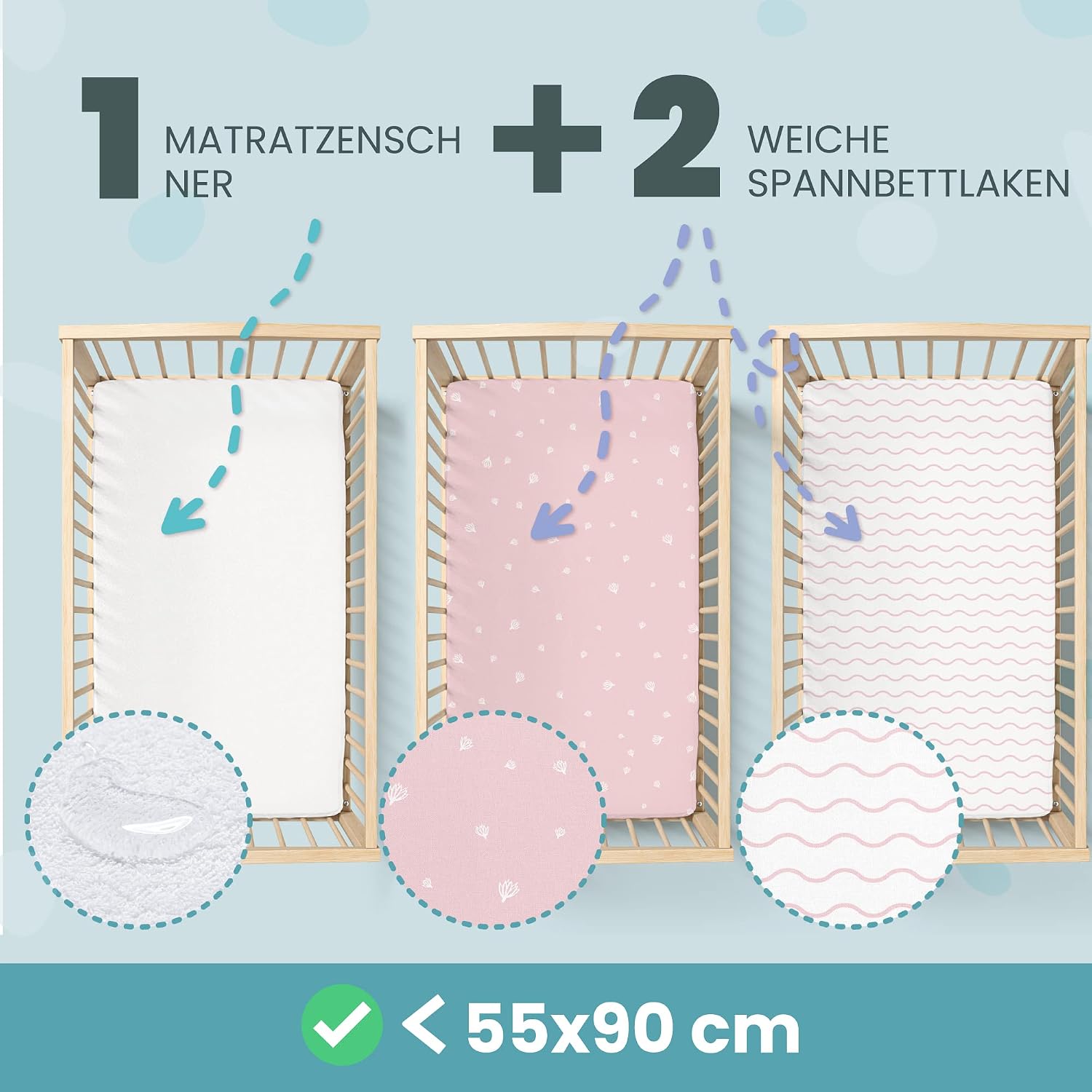 Thumbnail 1 de 2x Spannbettlaken 55x90 Rosa – 100% Baumwolle