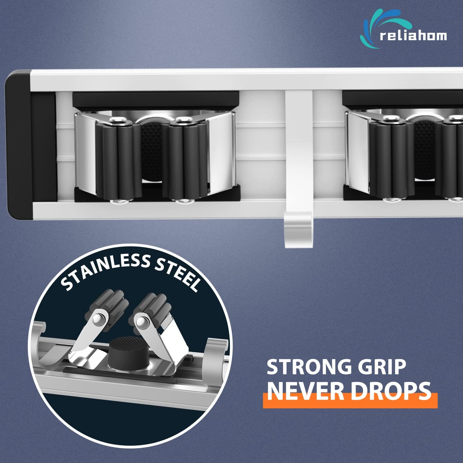 Detalle de reliahom Wall Mount Broom Holder, 5 Racks, 4 Hooks, Black Stainless Steel