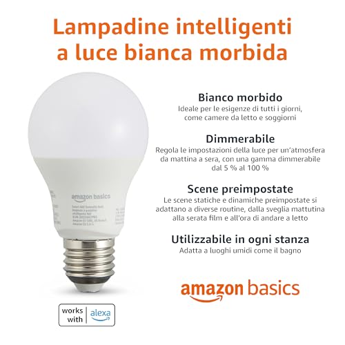 Detalle de Amazon Basics Lampadina LED intelligente dimmerabile E27 – bianco caldo 8W (60W equivalenti), 2 confezioni, compatibile solo con Alexa