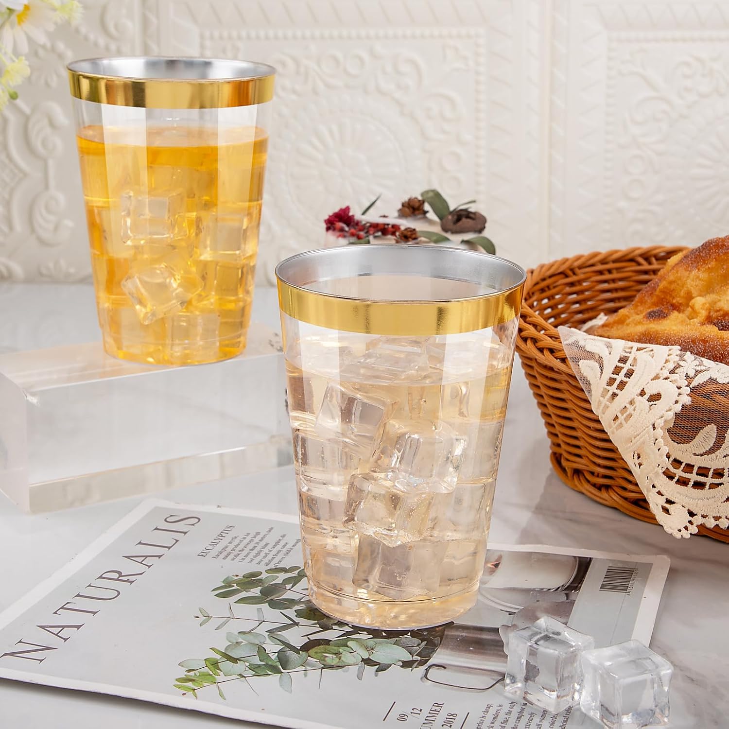 Detalle de I00000 200 Pack 12 oz Gold Plastic Cups with Gold Rim – Clear Disposable Cocktail Cups