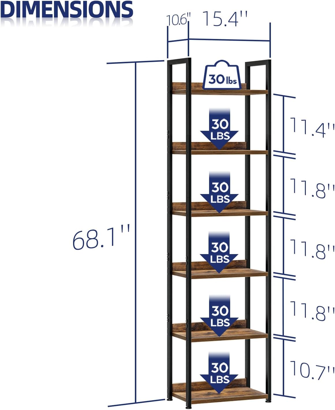 Detalle de NUMENN C84 6-Tier Narrow Bookshelf, Vintage FSC-Certified Wood and Metal