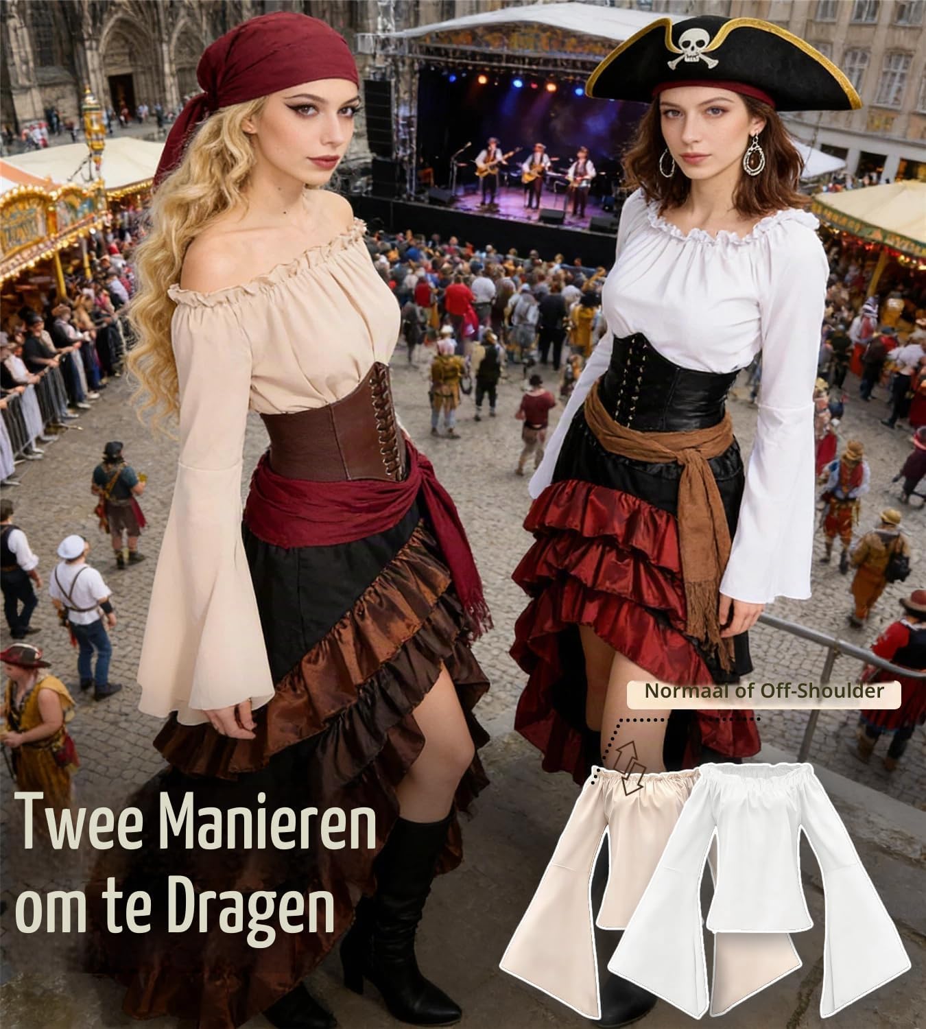 Detalle 2 de Piratenkostuum Dames 3-delig met top, korset en rok voor carnaval