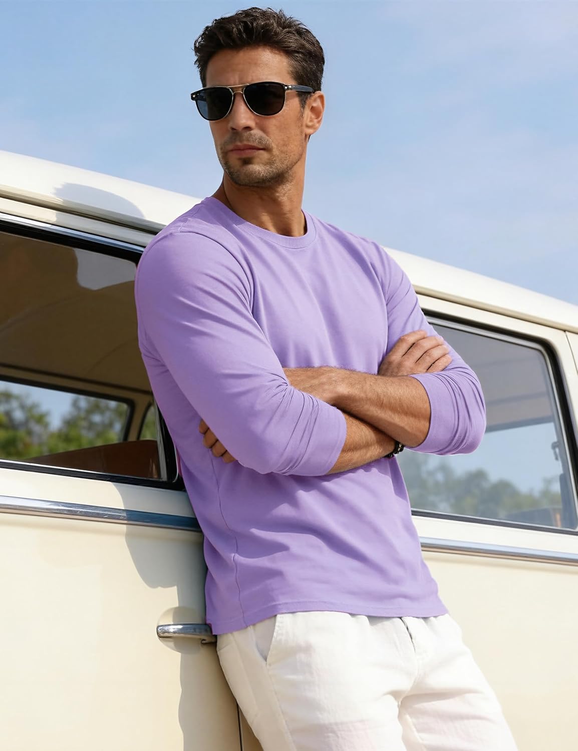Detalle de EKLENTSON Herren Langarm-T-Shirt aus gekämmter Baumwolle mit Rundhalsausschnitt – Basic Regular Fit
