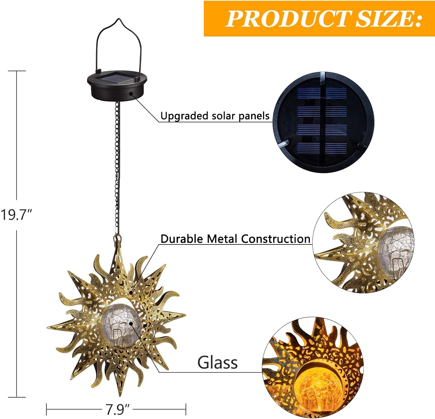 Thumbnail 1 de Solar Sun Hanging Lantern, 7.9-Inch Metal