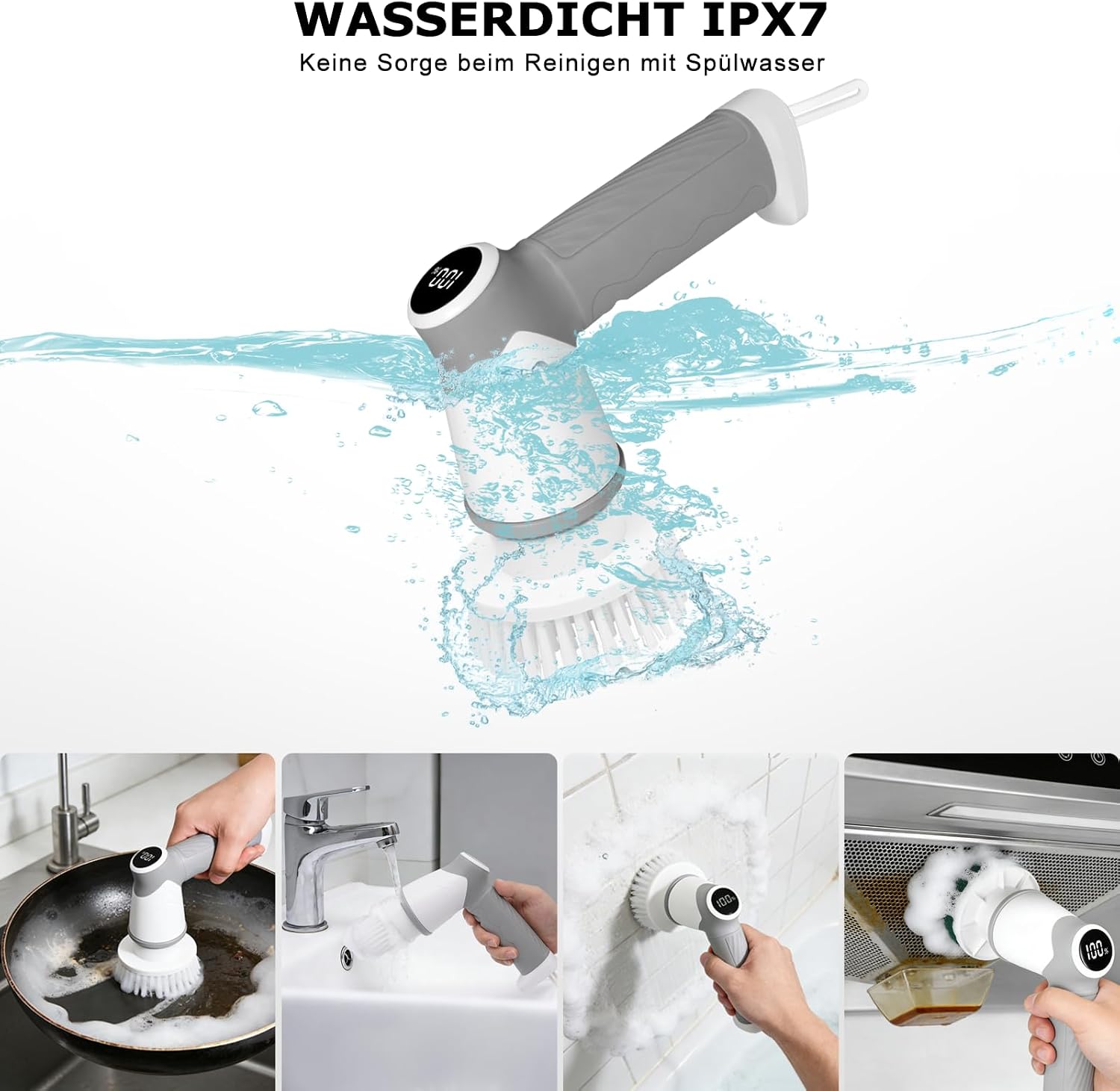 Detalle 2 de BOOHENKA Elektrische Reinigungsbürste Upgraded 360° Spin Scrubber mit 6 Austauschakgaben – 5 Bürstenköpfe, 2000 mAh Akku, LED-Anzeige