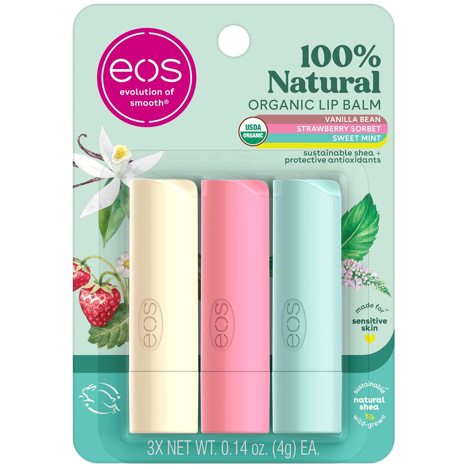 Detalle de eos 100% Natural & Organic Lip Balm Trio (Vanilla Bean, Sweet Mint, Strawberry Sorbet) — Sensitive Skin, 3-Pack