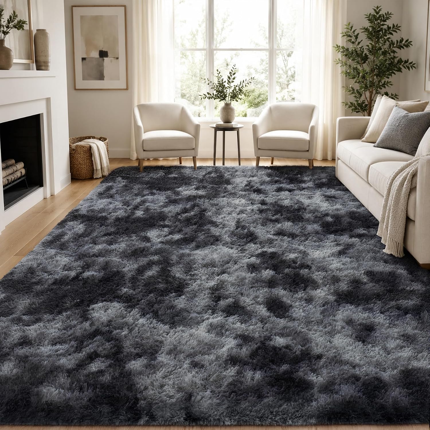 8x10 Fluffy Shag Area Rug for Living Room & Bedroom – Black/Gray, Non-Slip, High-Pile Plush