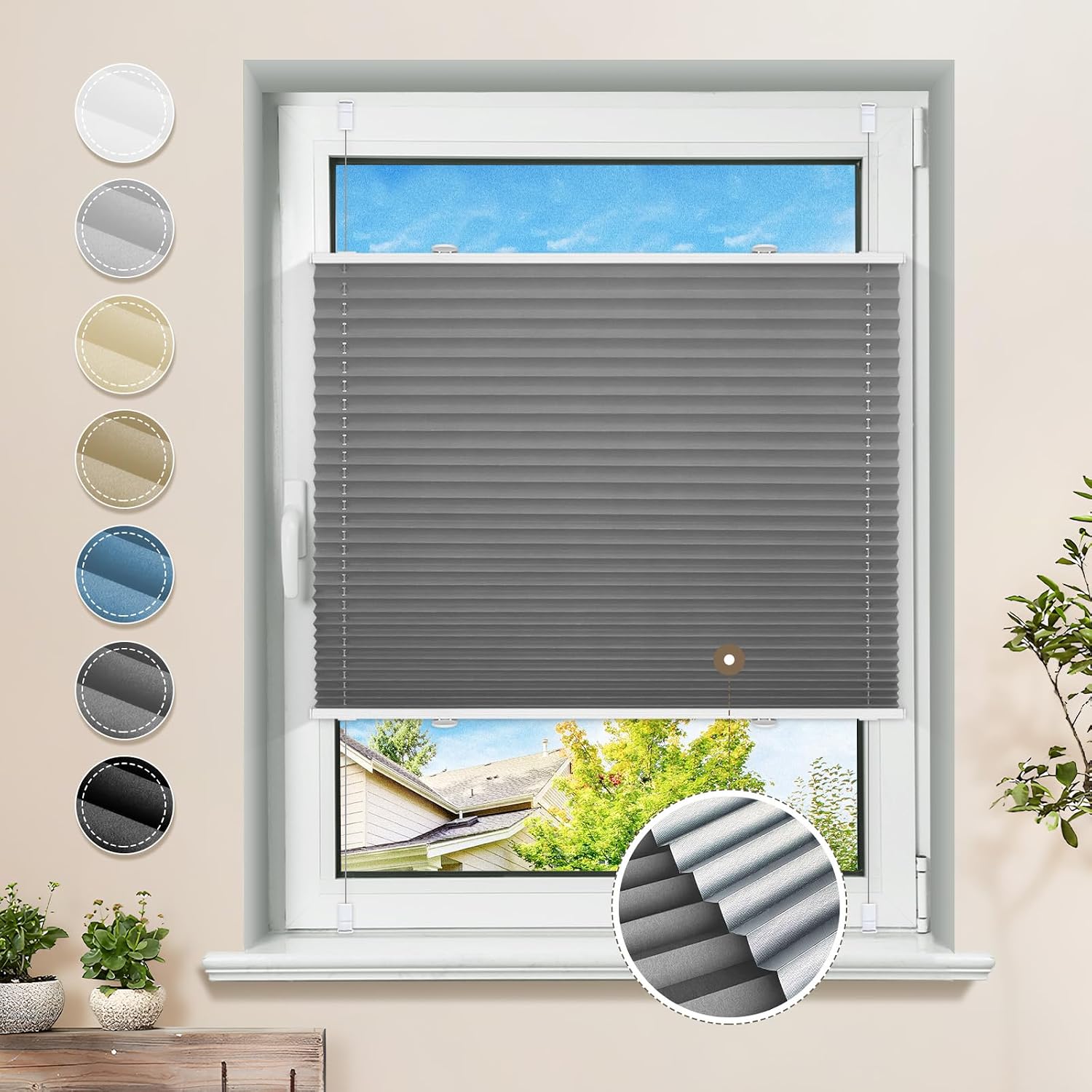 Detalle de Sanfree Plissee ohne Bohren Verdunkelung Klemmfix in Grau, 75x220 cm (Thermo Plissees, 100% Verdunklung)