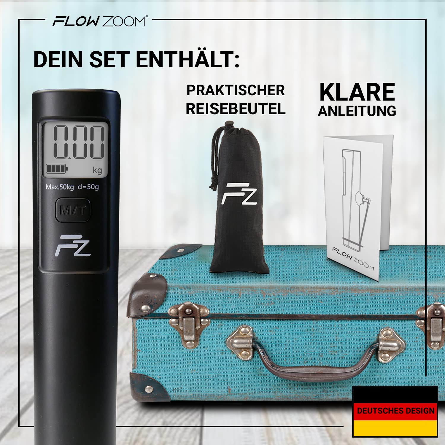 Detalle de FLOWZOOM Kofferwaage SHAKEE (ohne Batterie) – digitale Hängewaage mit Haken, TARA-Funktion und Transportbeutel, schwarz