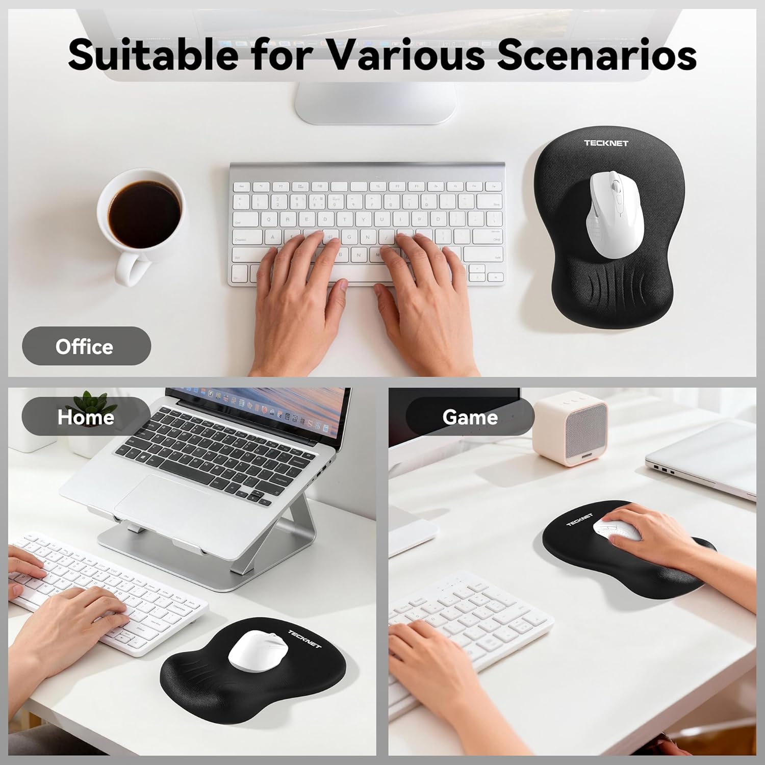 Thumbnail 6 de TECKNET Mouse Mat Wrist Support (Ergonomic Wave) with Slow-rebound Memory Foam, Waterproof PU base – Black