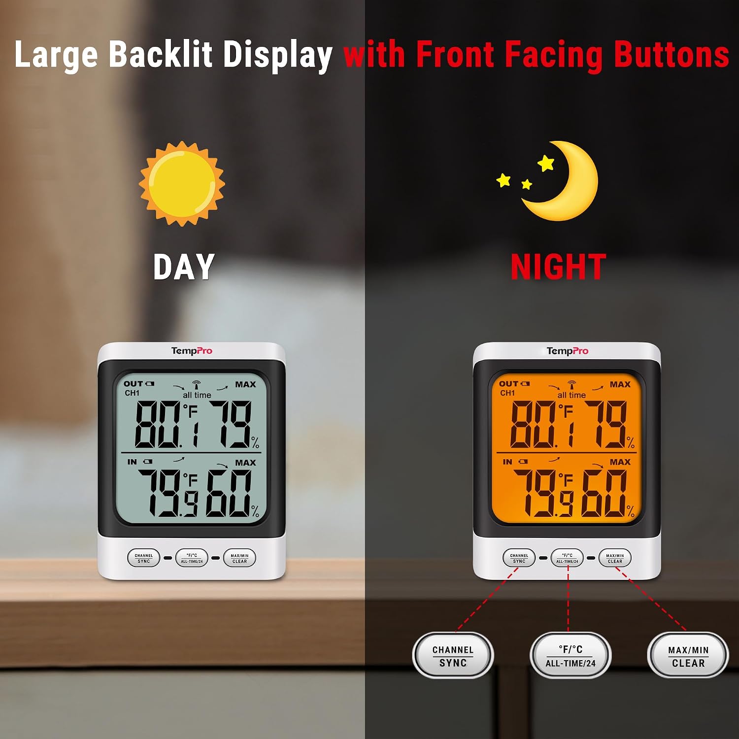 Detalle 2 de TempPro TempAir PLUS TP62B Wireless Indoor/Outdoor Thermometer, 500 ft, 3.3-Inch Backlit LCD