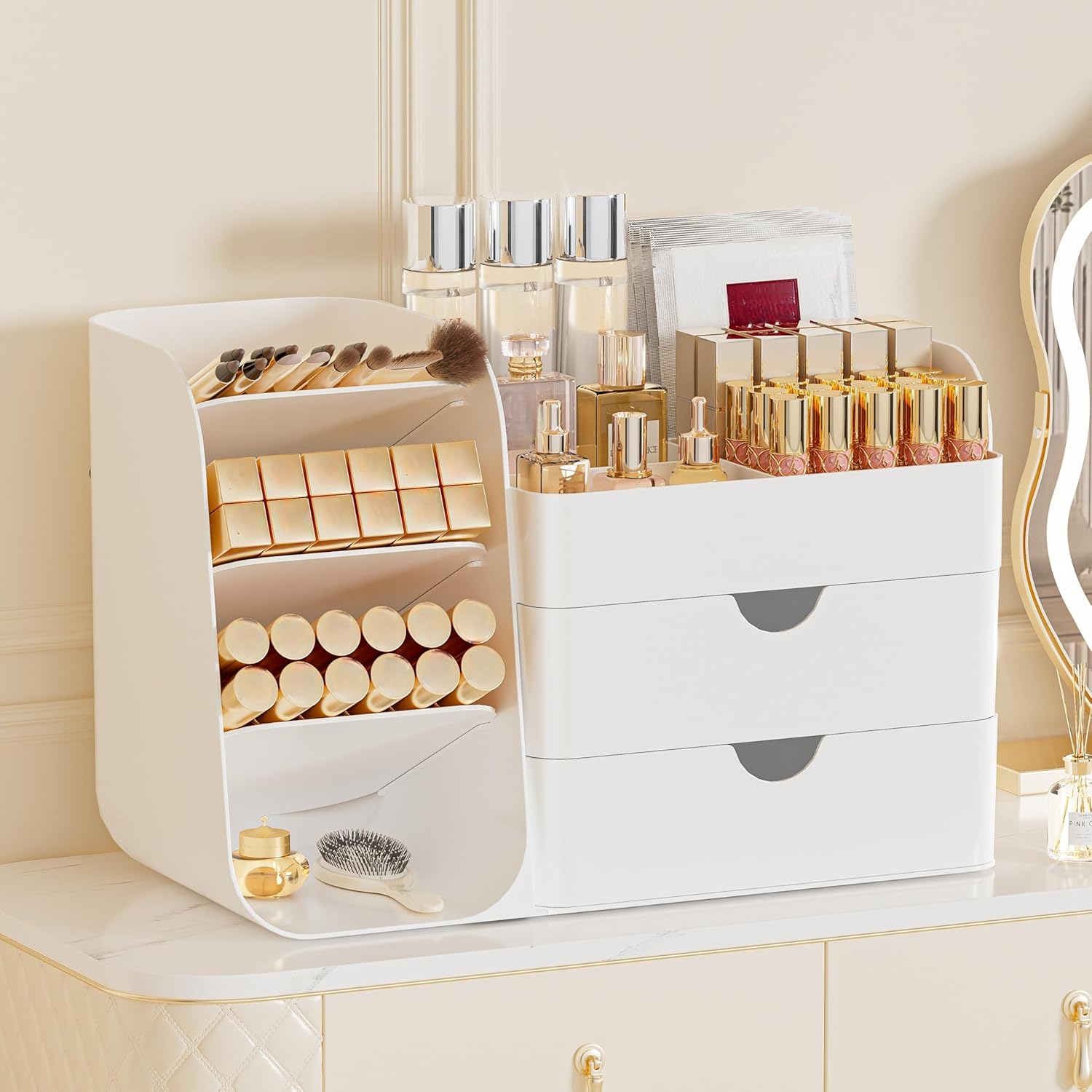 Detalle de FYABREEK Makeup Organizer with 2 M Drawers & Brush Holders (All White, M)