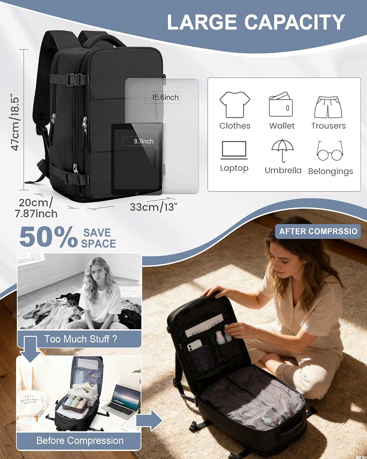 Detalle de SEAFEW Borsa da Cabina Sottovuoto con Zaino 30 L per Easyjet – Compatto, Impermeabile e Multifunzionale