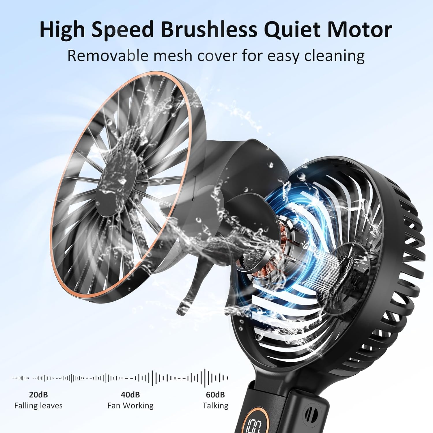 Detalle 2 de Rintea Hand Held Fan – 6-Speeds, 4000mAh Rechargeable Portable Fan with LED Display (Black)