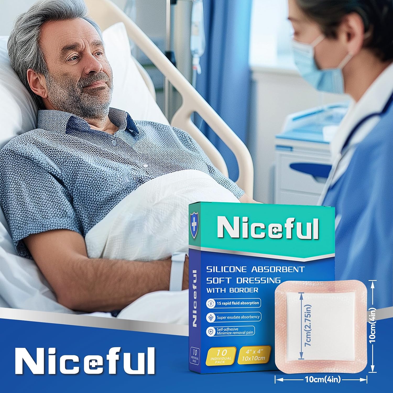 Detalle de Niceful Silicone Wound Dressings, 4" x 4", 10-Pack, Self-Adhesive