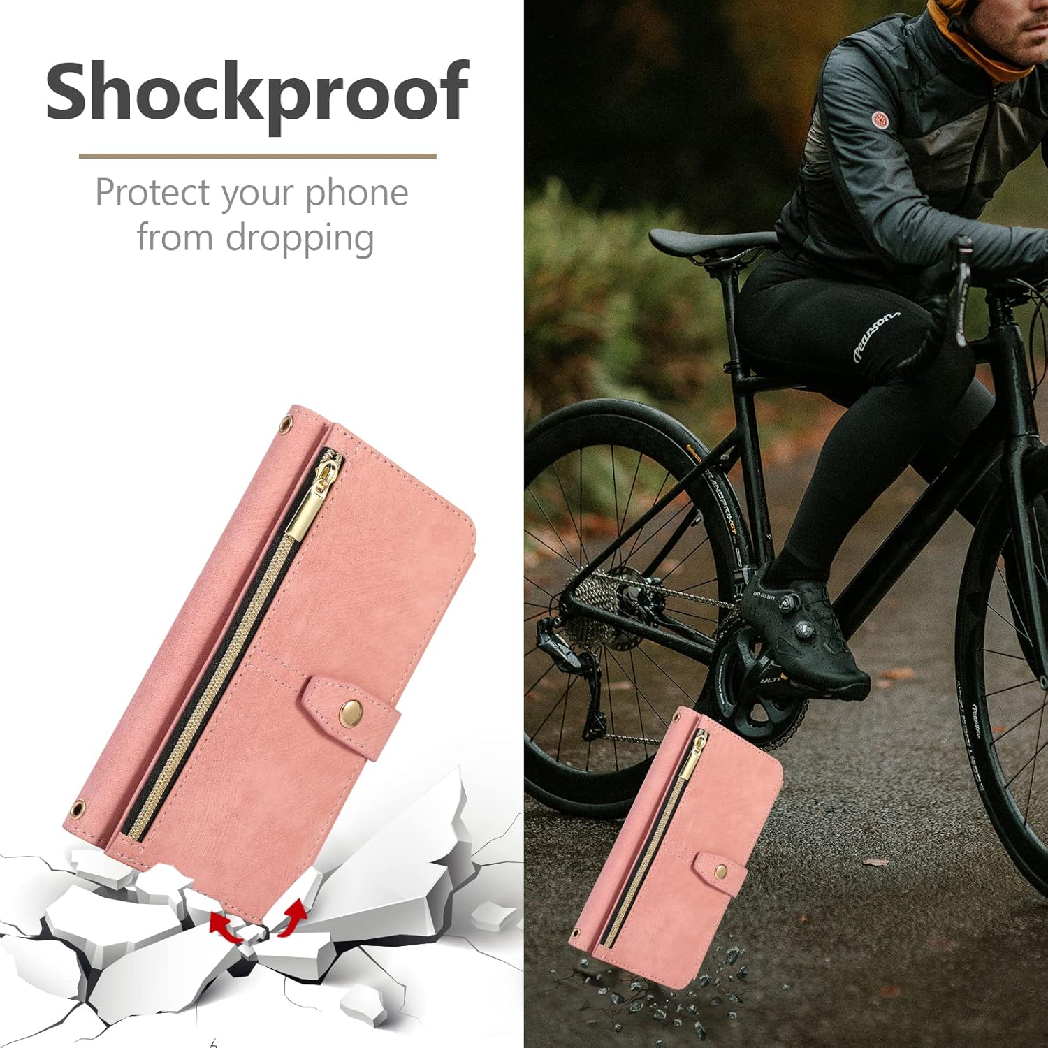 Detalle de UEEBAI Hülle für iPhone 15 Pro 6,1 Zoll – Retro Leder Wallet Case mit 9 Kartenfächern, Umhängegurt, Handschlaufe, Standfunktion und Reißverschluss, Magnetverschluss, Rosa