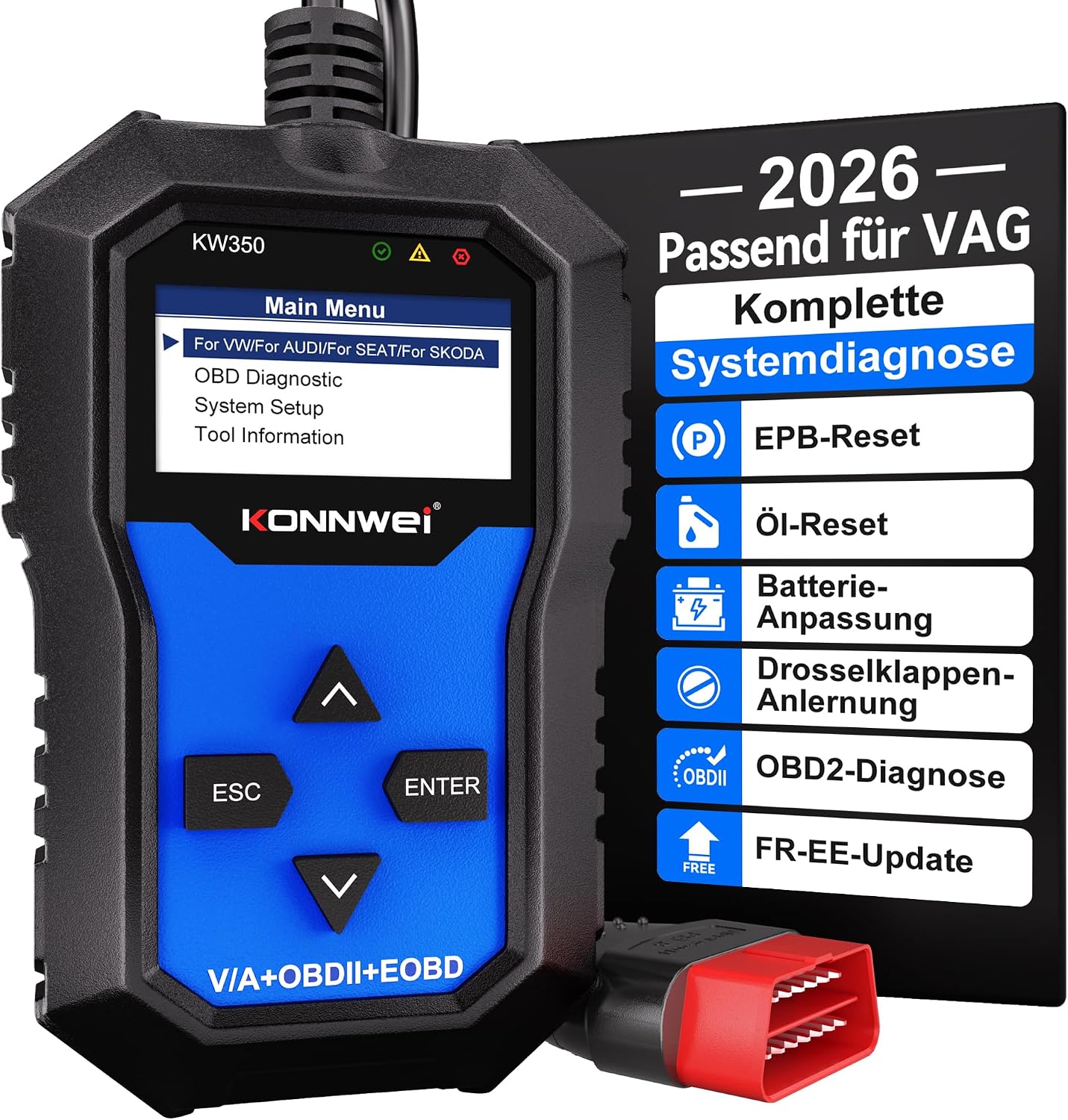 Detalle de KONNWEI KW350 OBD2 Diagnosegerät für VW/Audi/Škoda/Seat – Ganzheitliche Fahrzeugdiagnose und VAG-Spezialfunktionen