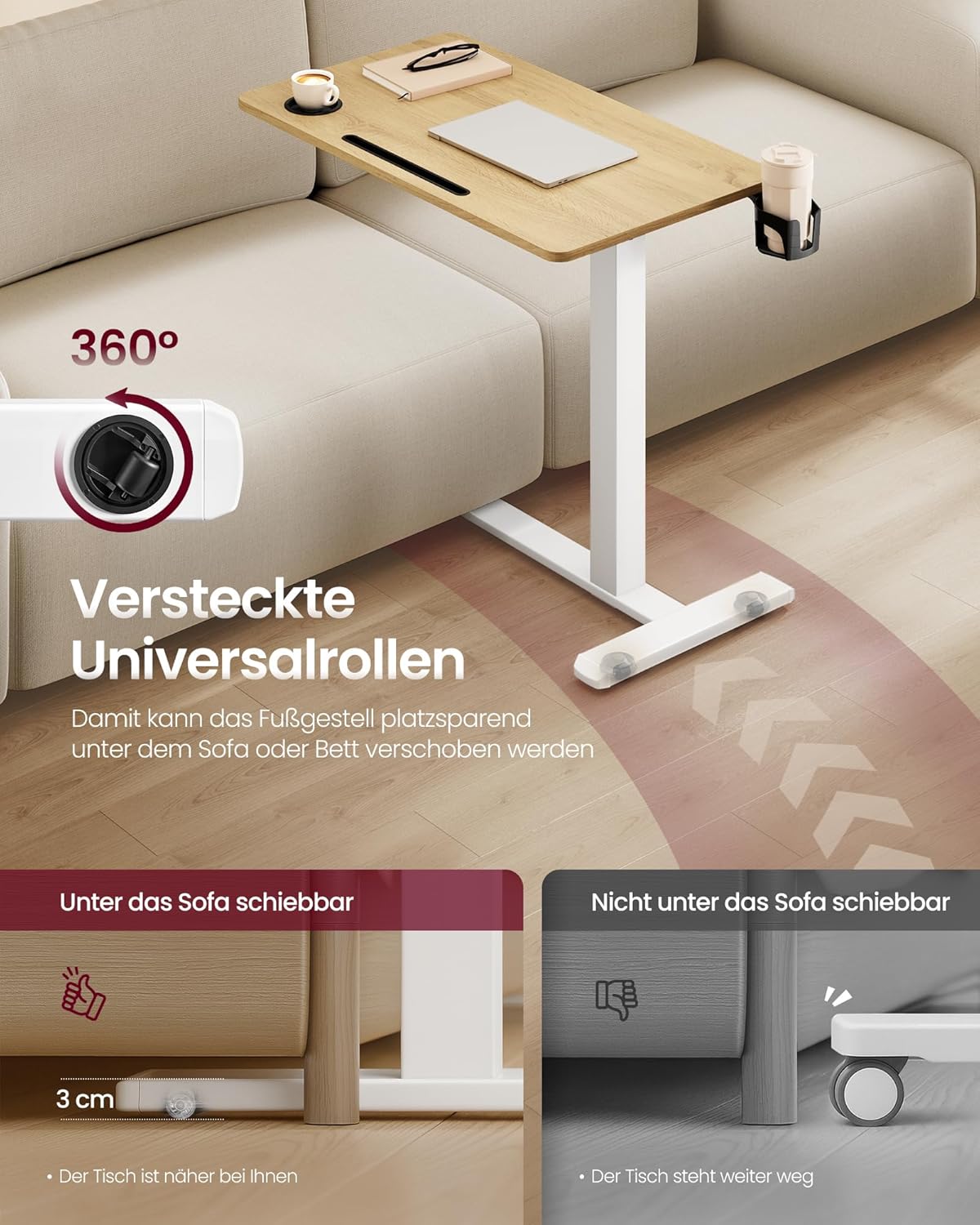 Thumbnail 4 de VASAGLE LSD601YA01 scrivania con ruote, altezza regolabile e piano 80 x 45 cm (rovere dorato)