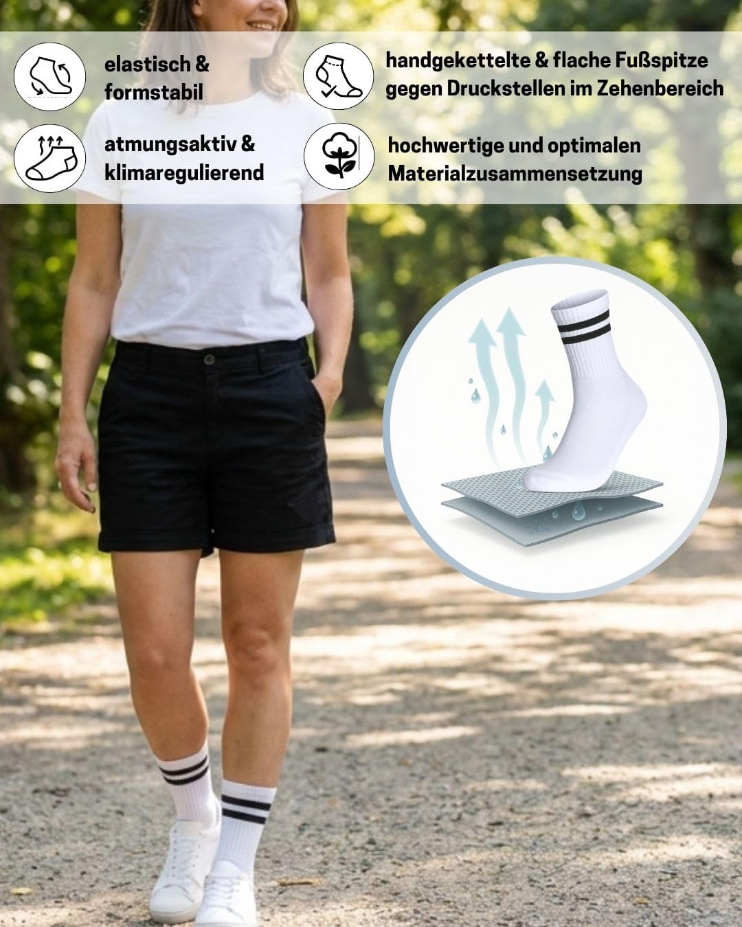Detalle de sockenkauf24 Damen Tennissocken (6 Paar) – verstärkte Ferse, gepolsterte Sohle, atmungsaktive Baumwolle im Retro-Design