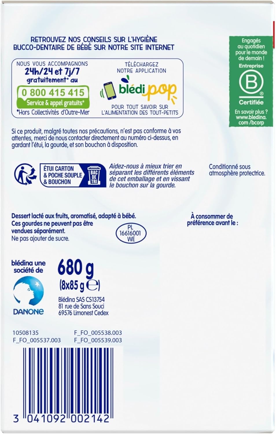 Detalle de BLÉDINA Gourdes lactées aux Fruits Bébé – Fruits Rouges / Pomme Banane / Fruits Exotiques (dès 10 mois) – 4 x 8 x 85 g