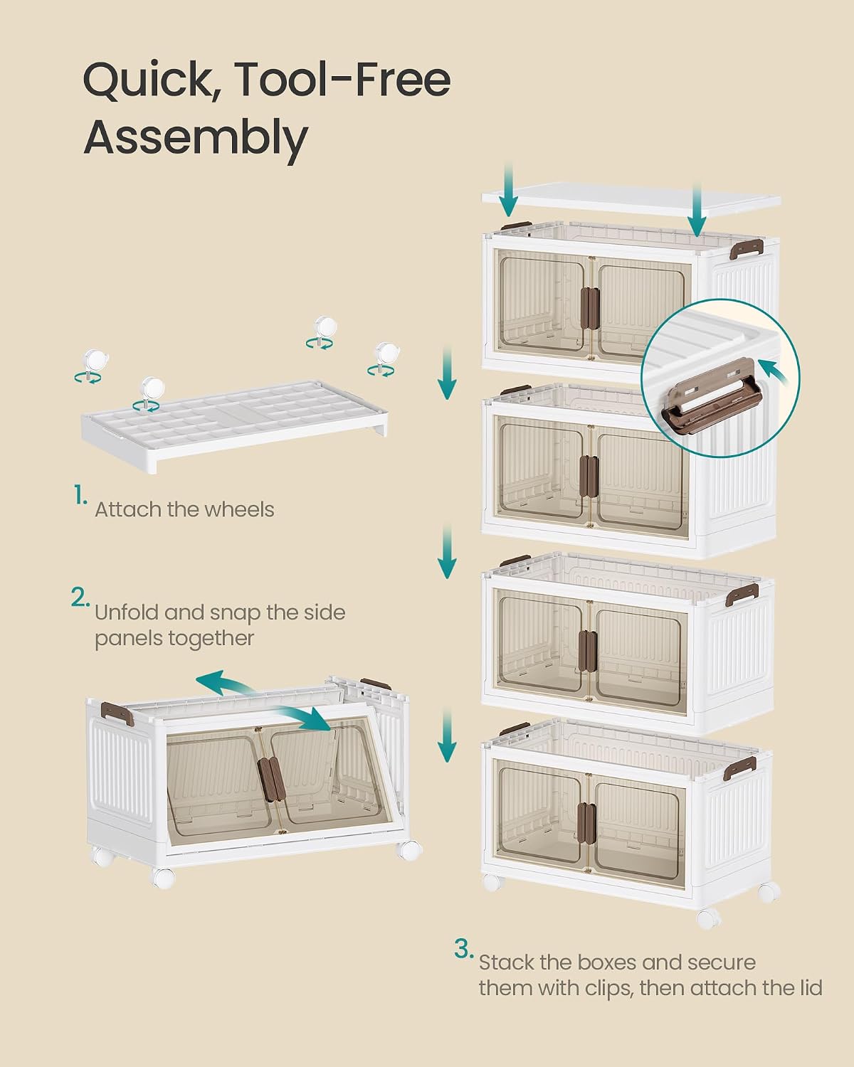 Detalle 2 de SONGMICS 4-Tier Storage Boxes with Lid, 220 L Total Capacity, Stackable with Wheels and Magnetic Doors – RLB460WZ01