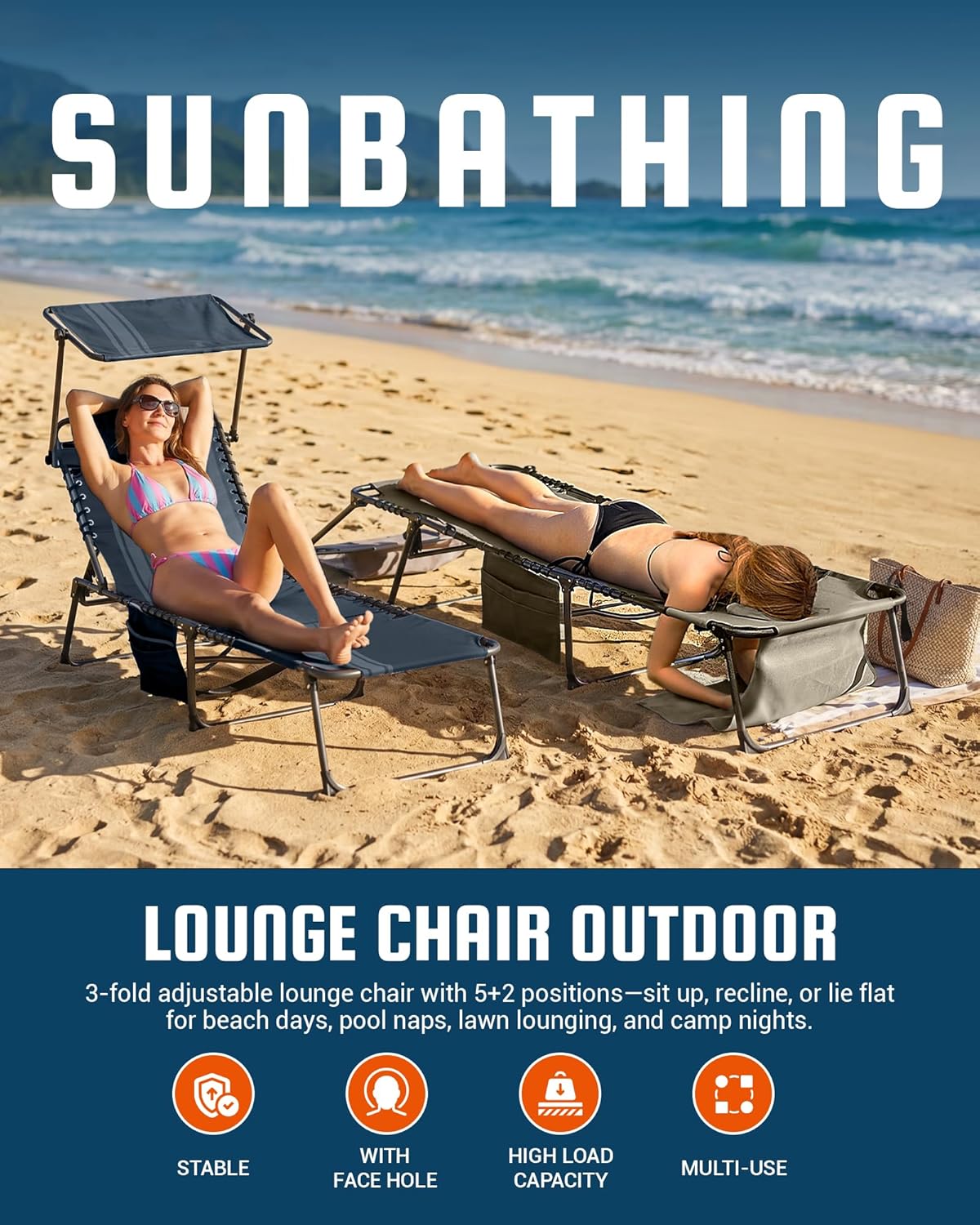 Thumbnail 2 de KingCamp Lounge Chair with Face Hole & Canopy Shade — 5-Position Folding Beach Sun Tanning Chair (400LBS)