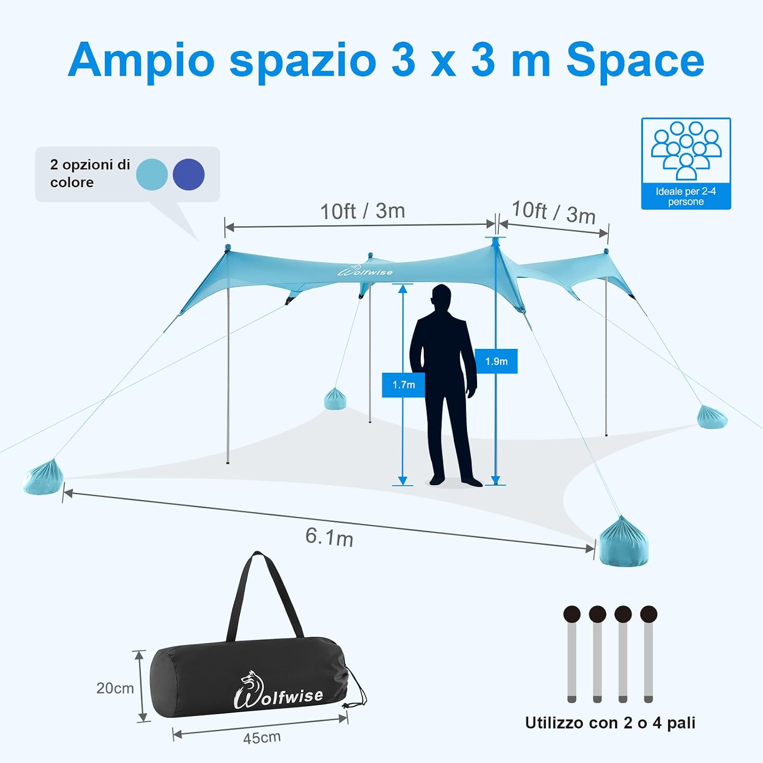 Detalle 2 de WolfWise Tenda da Spiaggia 3x3 m con Protezione UPF50+ e ancoraggio sabbia