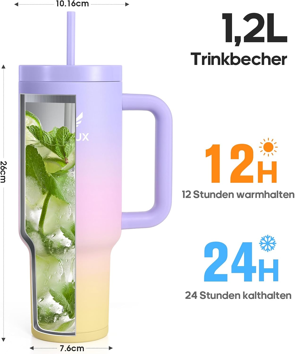 Thumbnail 3 de Gedux Trinkflasche mit Strohhalm 1,2 l – Thermobecher mit Henkel, doppelwandiger Vakuumisolierung und auslaufsicherem Deckel