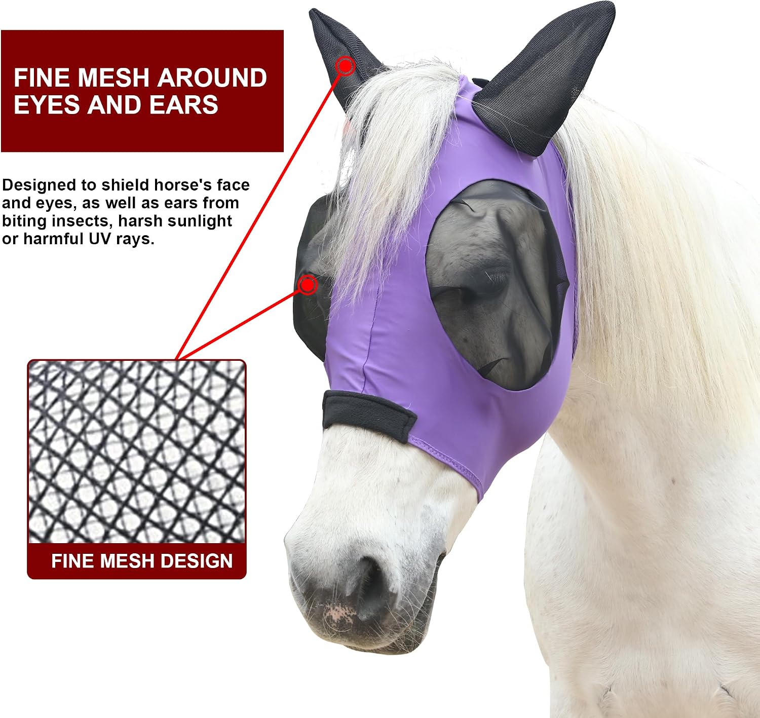 Detalle de Leberna Horse Fly Mask with Ears (Smooth, Elastic, UV Protection) – Purple, Full
