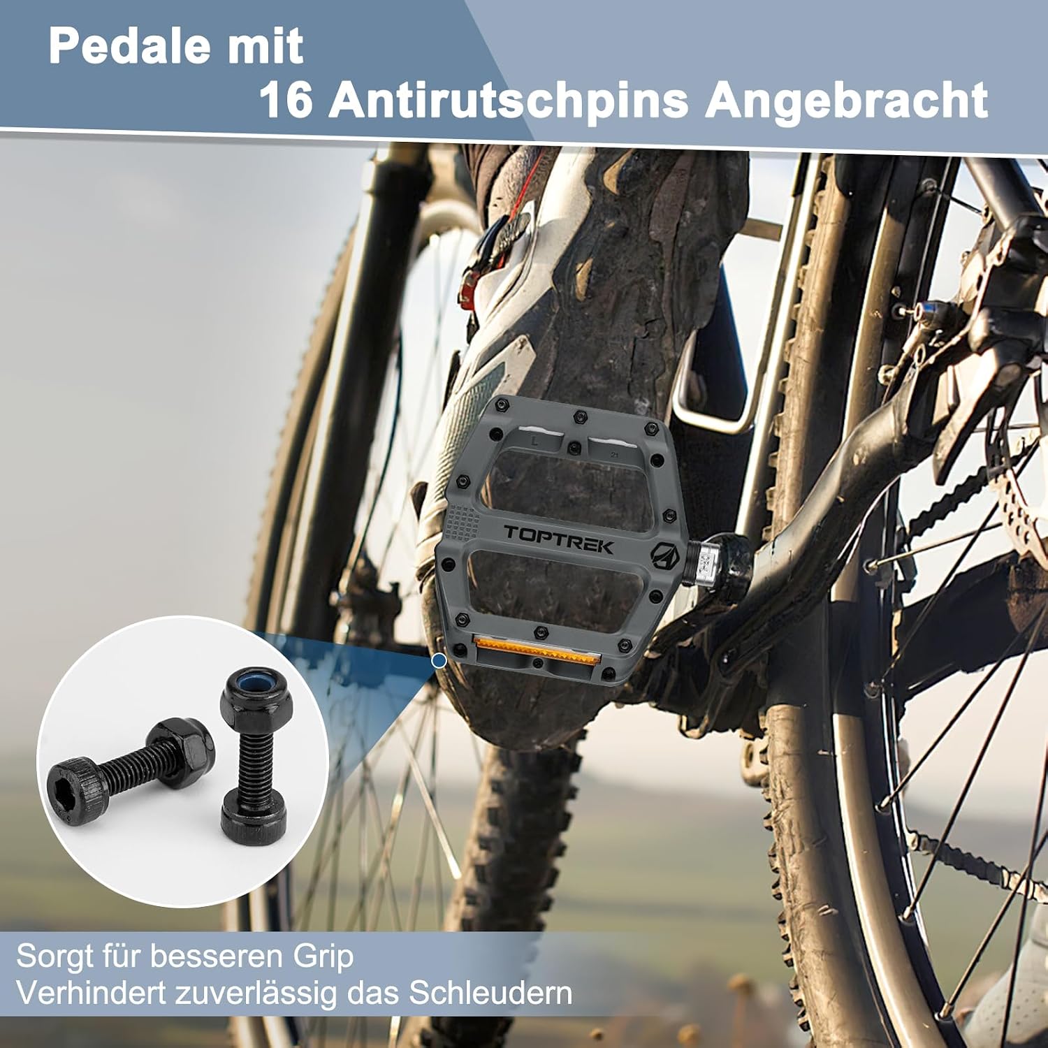 Thumbnail 4 de toptrek Fahrradpedale mit StVZO Reflektoren (Nylon-Composite Flatpedale) – 9/16 Zoll Set für MTB, Trekking & E-Bike