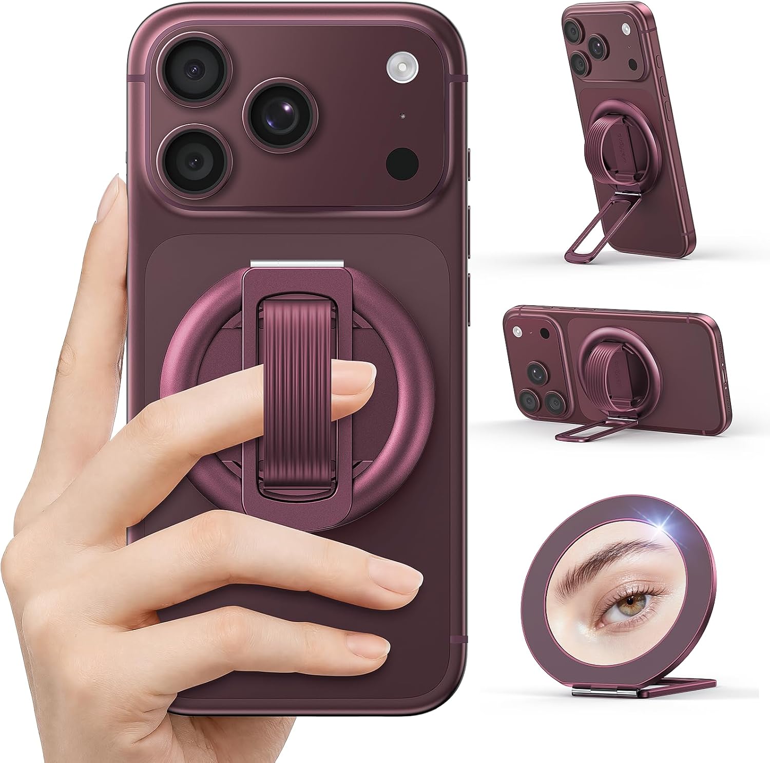 Detalle de Meifigno Magnetic Phone Grip for MagSafe, Burgundy Silicone Loop with Mirror