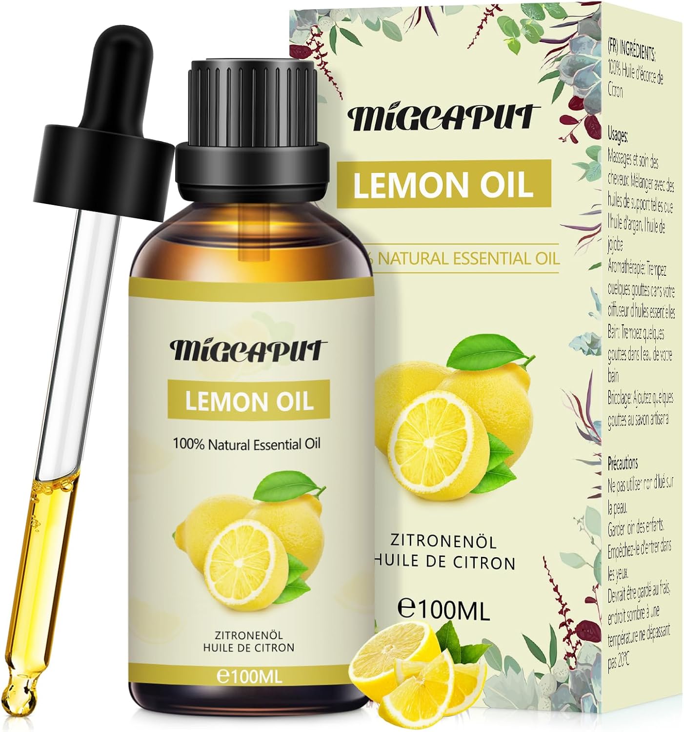 Detalle de Migcaput Ätherisches Zitronenöl (100 ml) – kaltgepresst, 100% naturrein für Diffuser & Raumduft