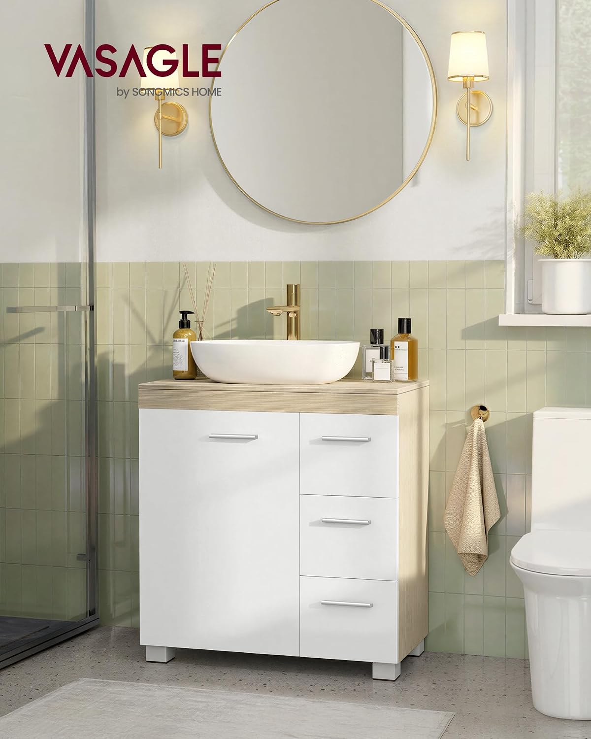 Detalle 2 de VASAGLE Mobile sottolavabo BBK514LL01 30 x 60 x 64 cm bianco nuvola e beige naturale, con 3 cassetti laterali
