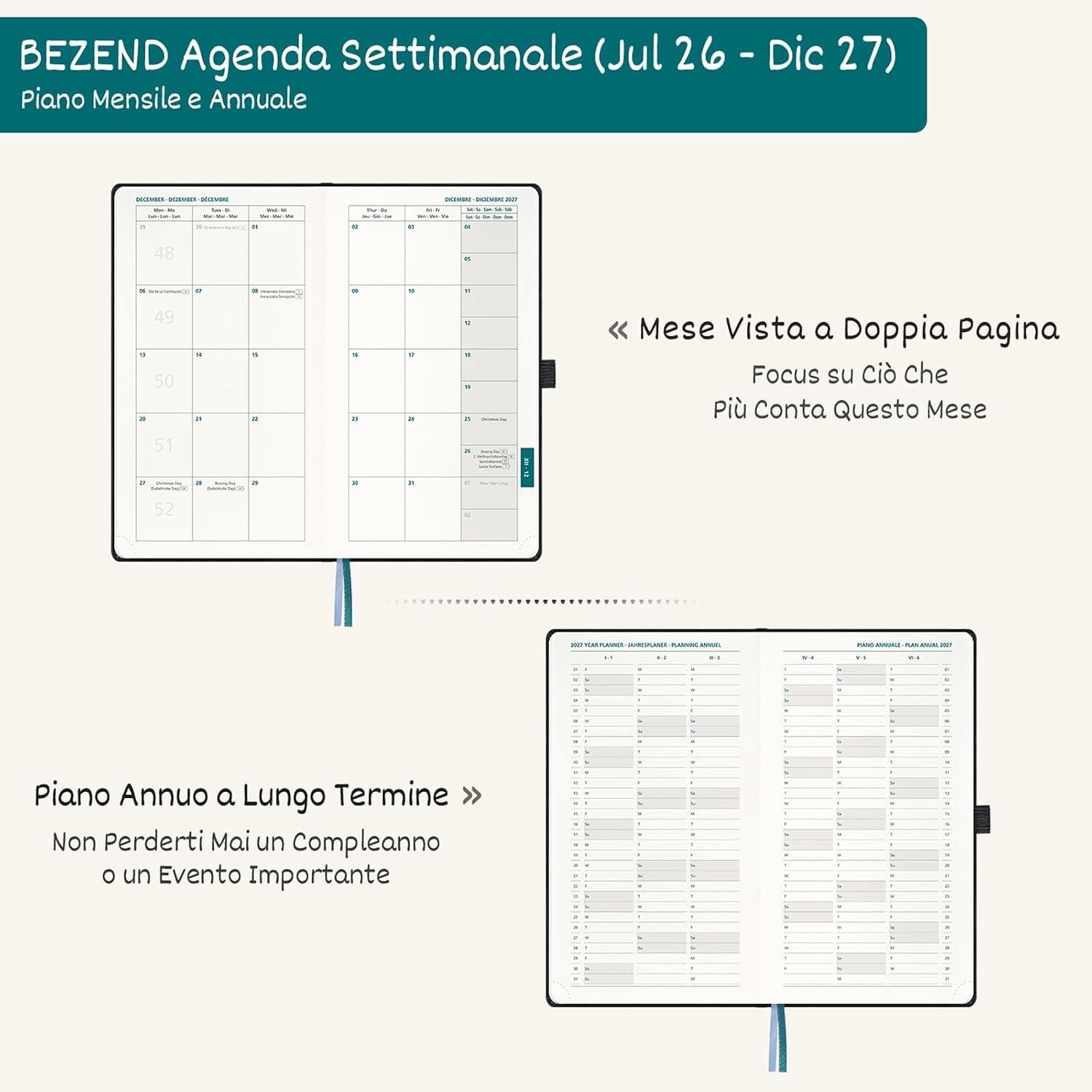 Detalle de BEZEND Agenda 2026/2027 Settimanale Taschibile: 18 mesi, layout orizzontale e copertina in pelle PU marrone