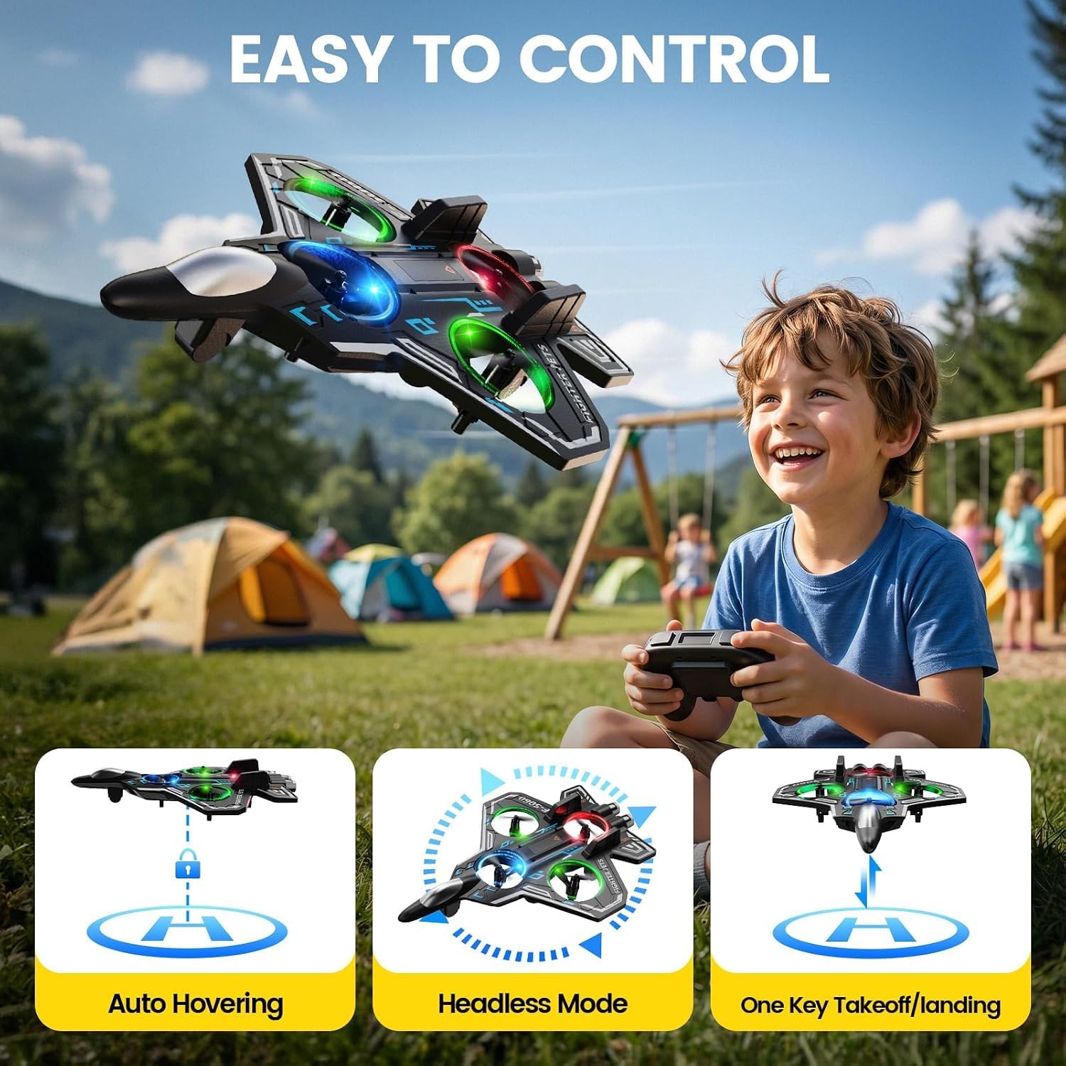 Detalle de RCGEAST F12 Remote-Control Foam Fighter Jet Airplane with LED Lights and Stunts