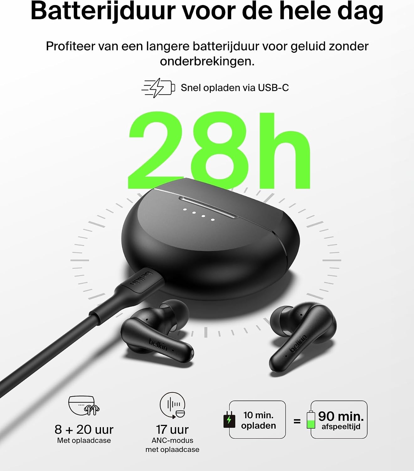 Detalle de Belkin SoundForm Rhythm draadloze oordopjes met ANC en multipoint
