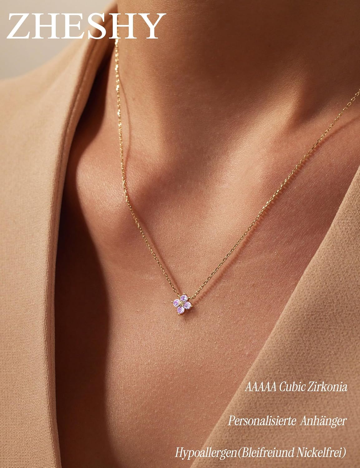 Thumbnail 1 de ZHESHY Collier Femme Or Plaqué 14K avec Trefle à 4 Feuilles et Zircone Cubique