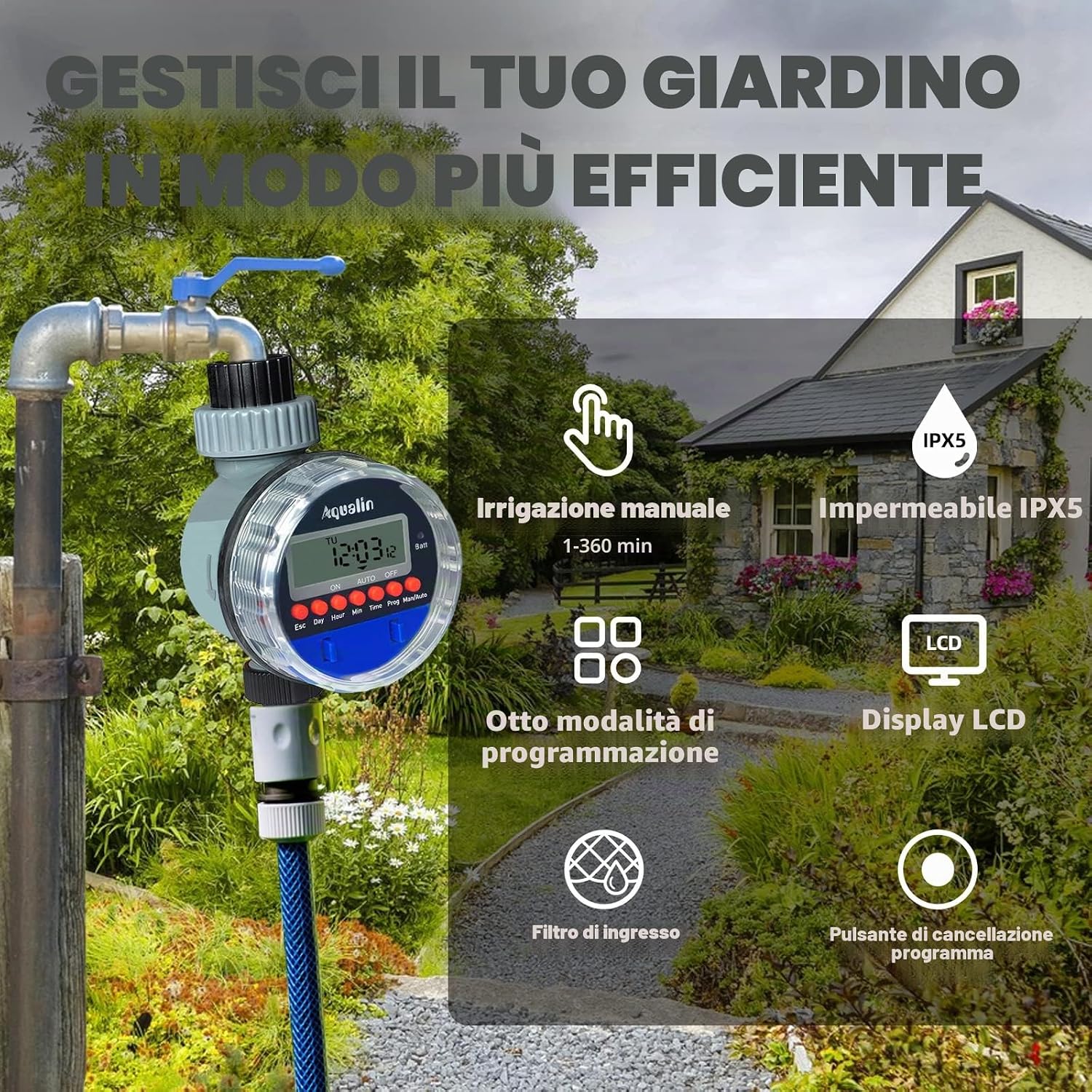 Thumbnail 2 de Aqualin LCD Temporizzatori per irrigatori Giardino: timer elettronico con LCD e 8 programmi