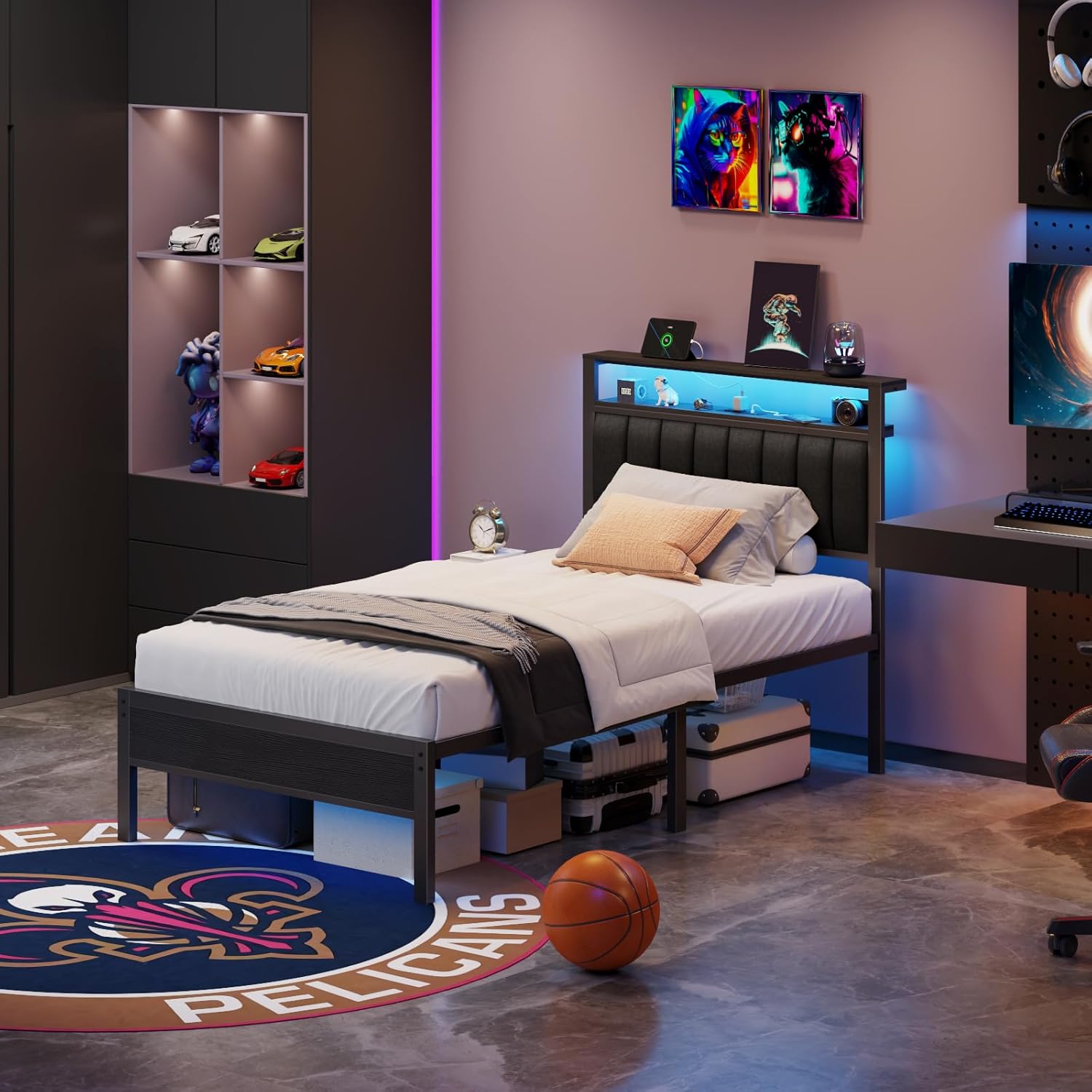 Detalle 1 de Furnulem HK-BF-009-CL-T-1-BO-CA Twin Bed Frame with RGB LEDs and Storage