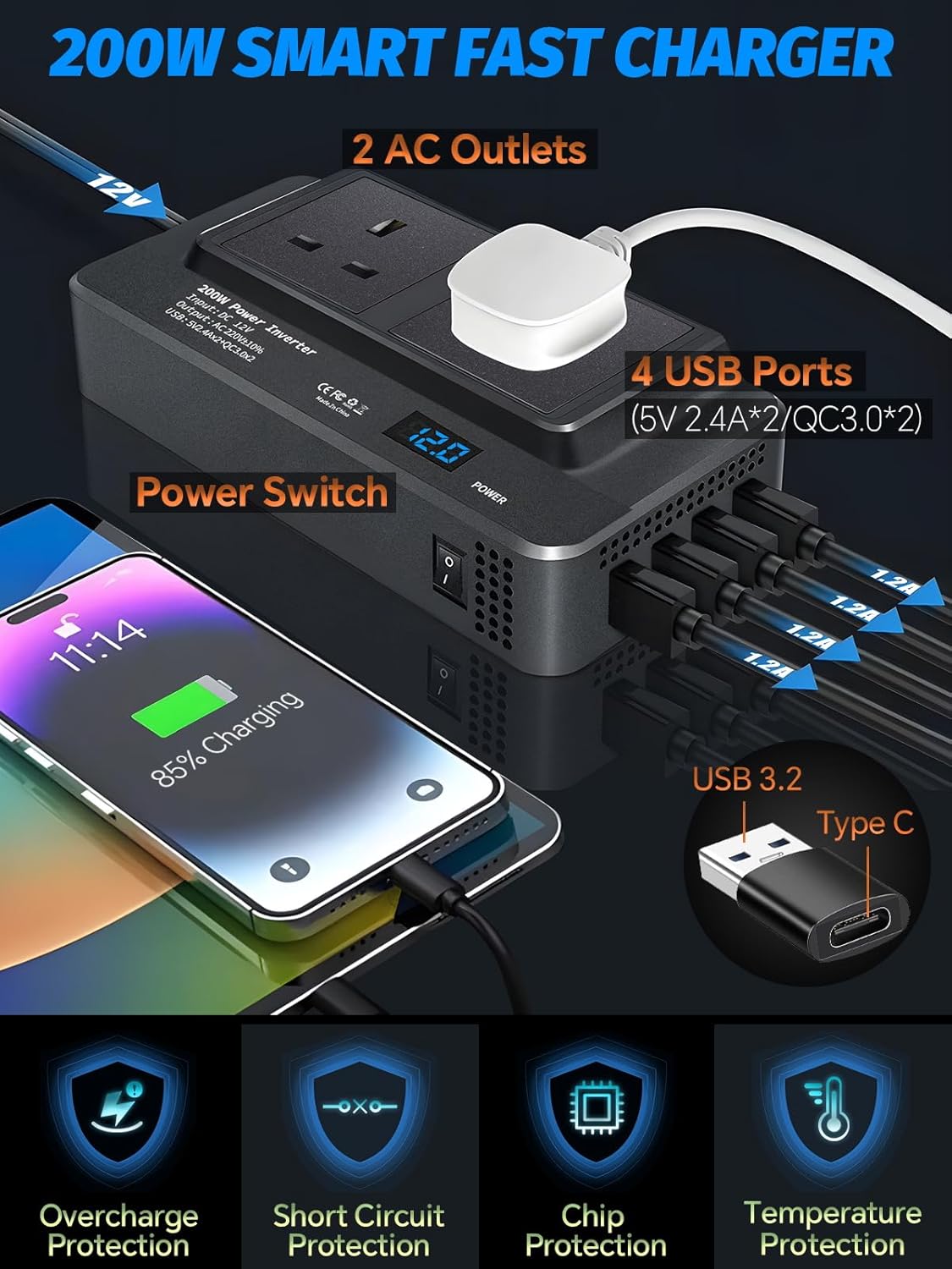 Thumbnail 1 de Defvnsy 200W power inverter with 2 sockets and 4 USB ports 🔌