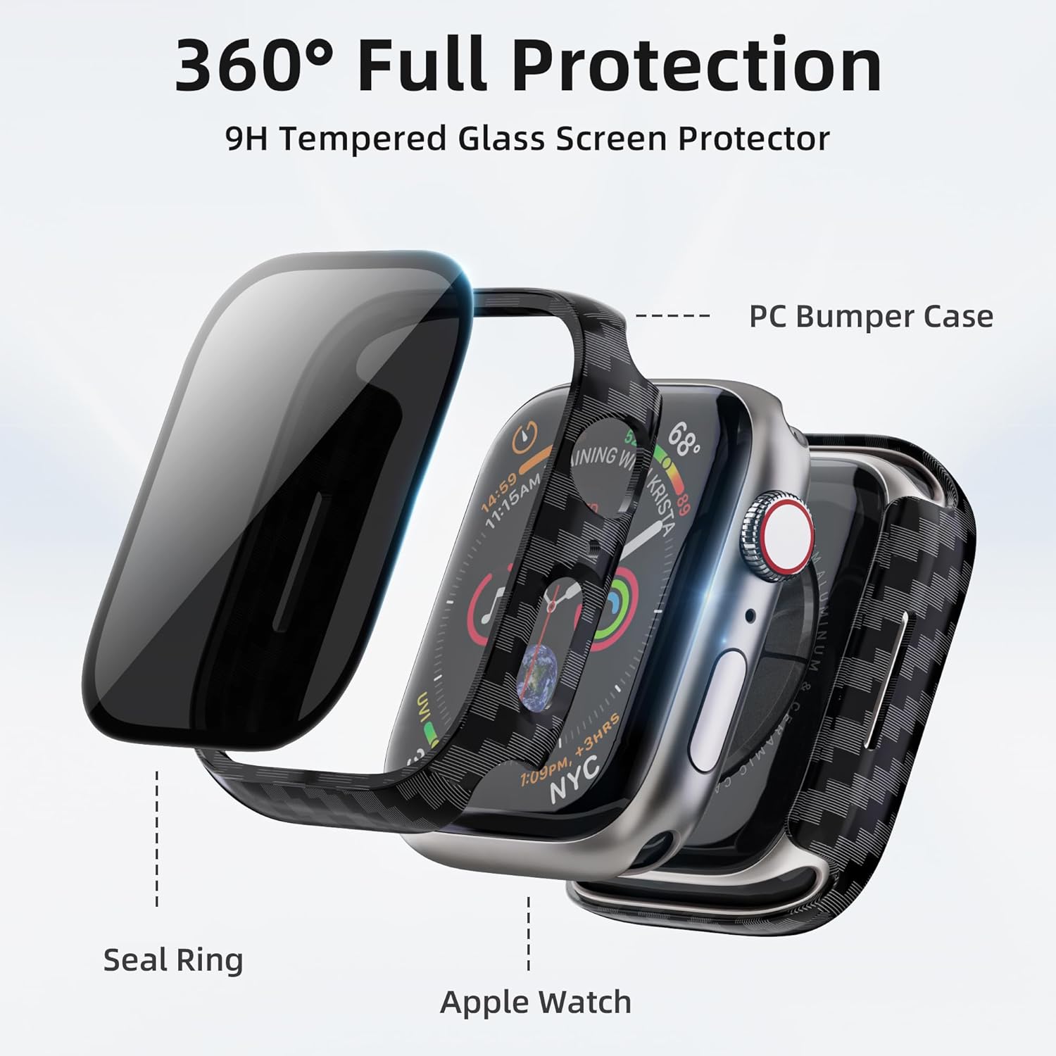 Thumbnail 4 de 2 Pack Privacy Screen Protector Case for Apple Watch 41mm (Series 9/8/7) – Anti-Peeping, 9H Tempered Glass, Carbon Fibre PC Bumper