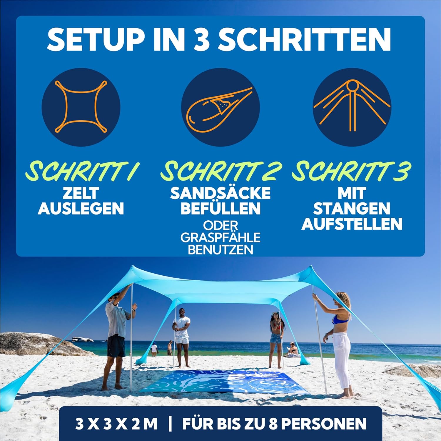 Thumbnail 2 de SUN NINJA Strandzelt – Sonnensegel LSF 50+ mit Sandschaufel, Heringen und Stabilitätsstangen für 4–8 Personen