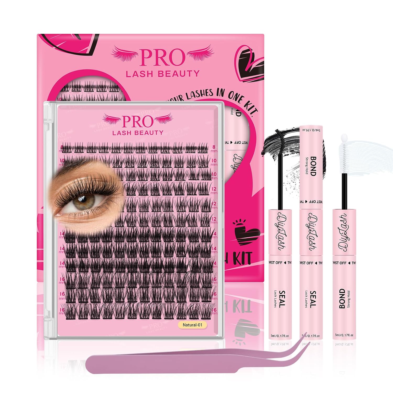 DIY Wimpernverlängerung Kit Natural01-D-8-16mix (144 Cluster) inklusive Kleber, Applikator & Entferner