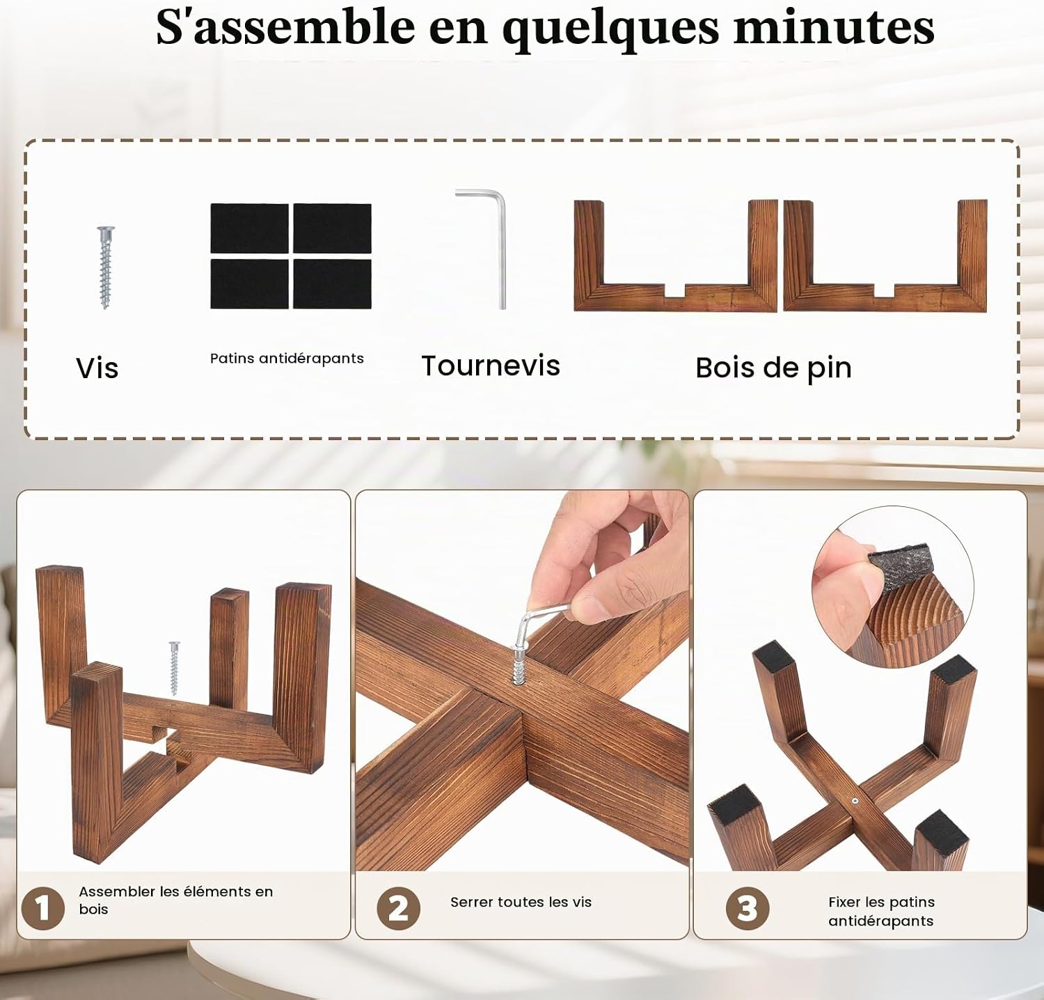 Thumbnail 6 de Yedcxup plantenstandaards van hout, set van 3 in drie hoogtes met X-design