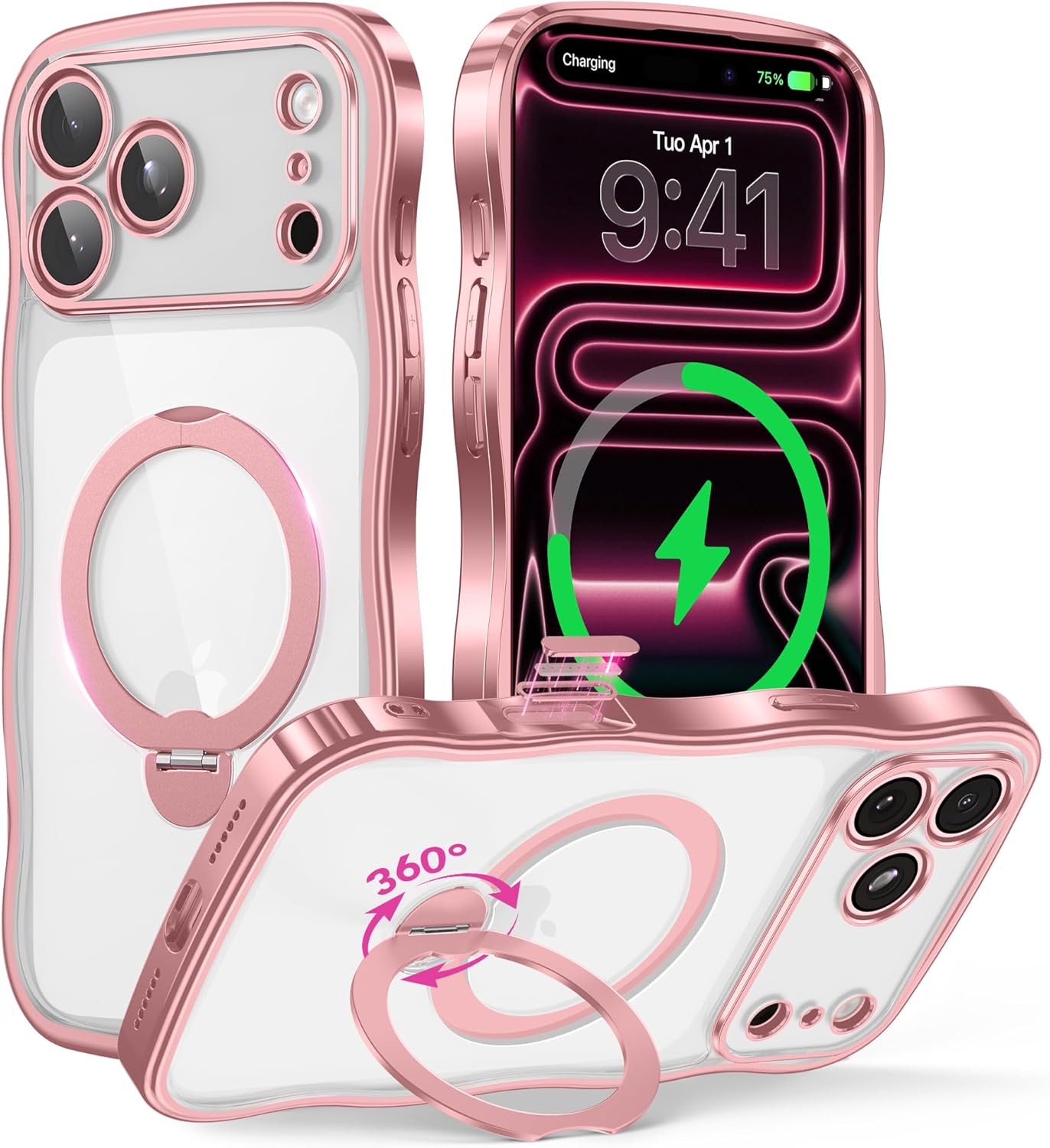GolbinBox Magnetic iPhone 17 Pro Max Case with 360° Rotating Stand (MagSafe Compatible) – Pink/Clear