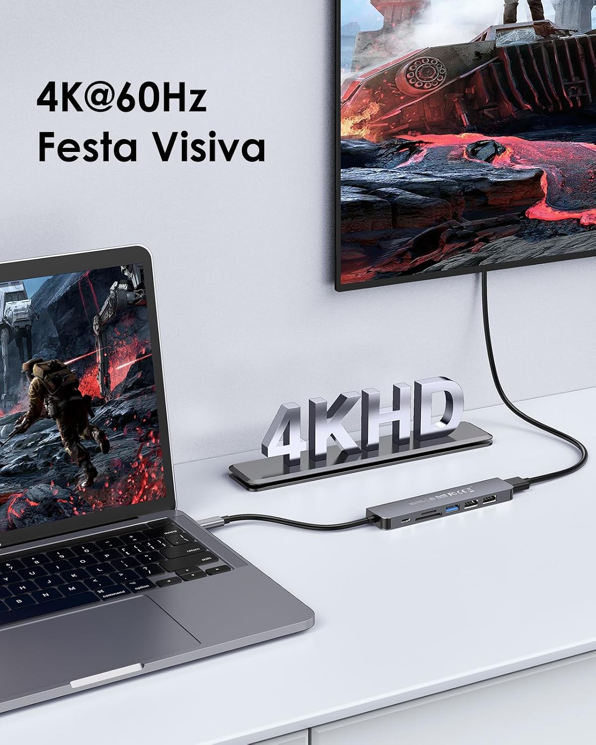Detalle 2 de LENTION Hub USB-C 7 in 1 con HDMI 4K@60Hz e USB-C PD 100W, lettore SD/TF (alluminio)