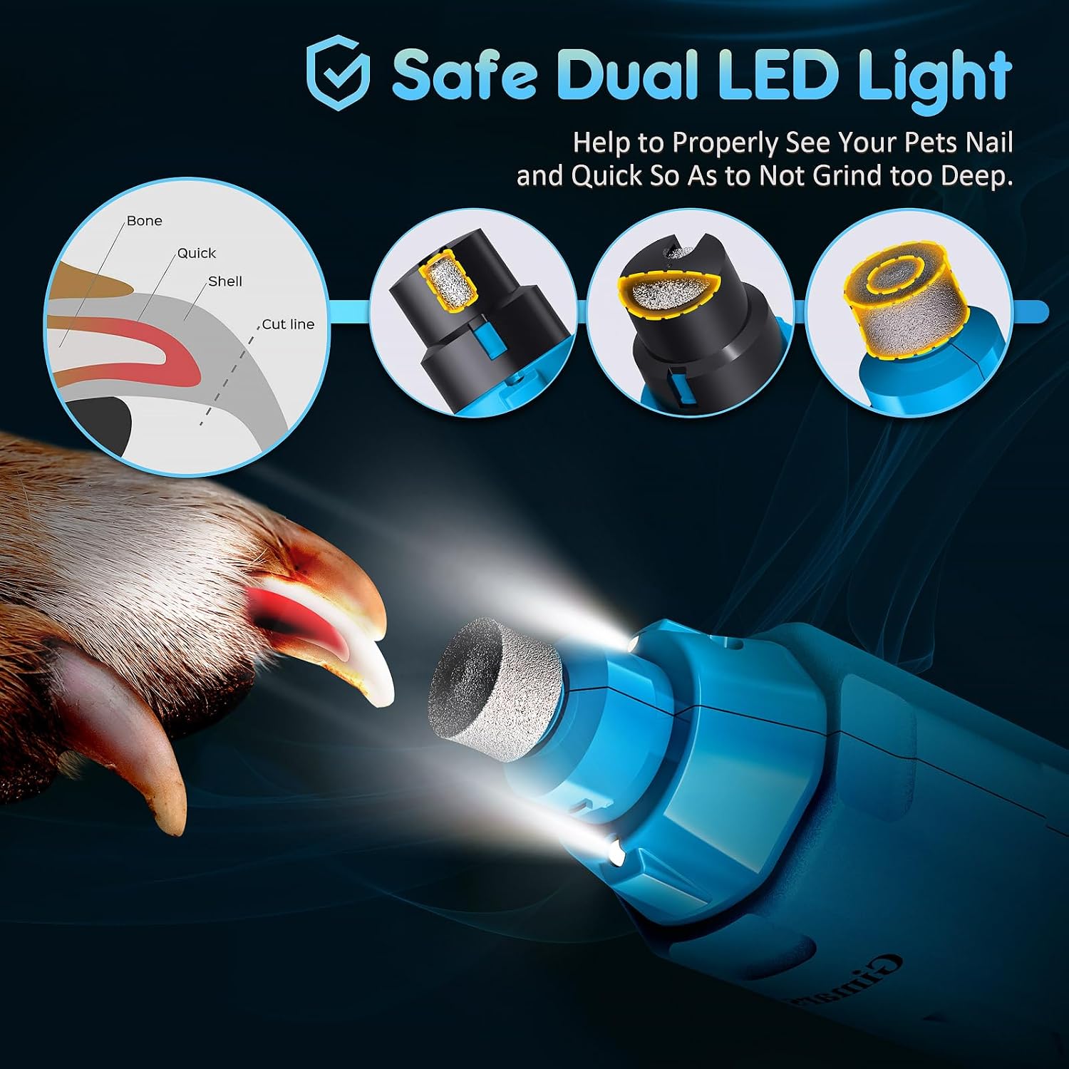 Detalle de Gimars Krallenschleifer für Hunde 6-Gang mit 2 LED-Licht – leise, 12000 RPM, USB-Aufladung